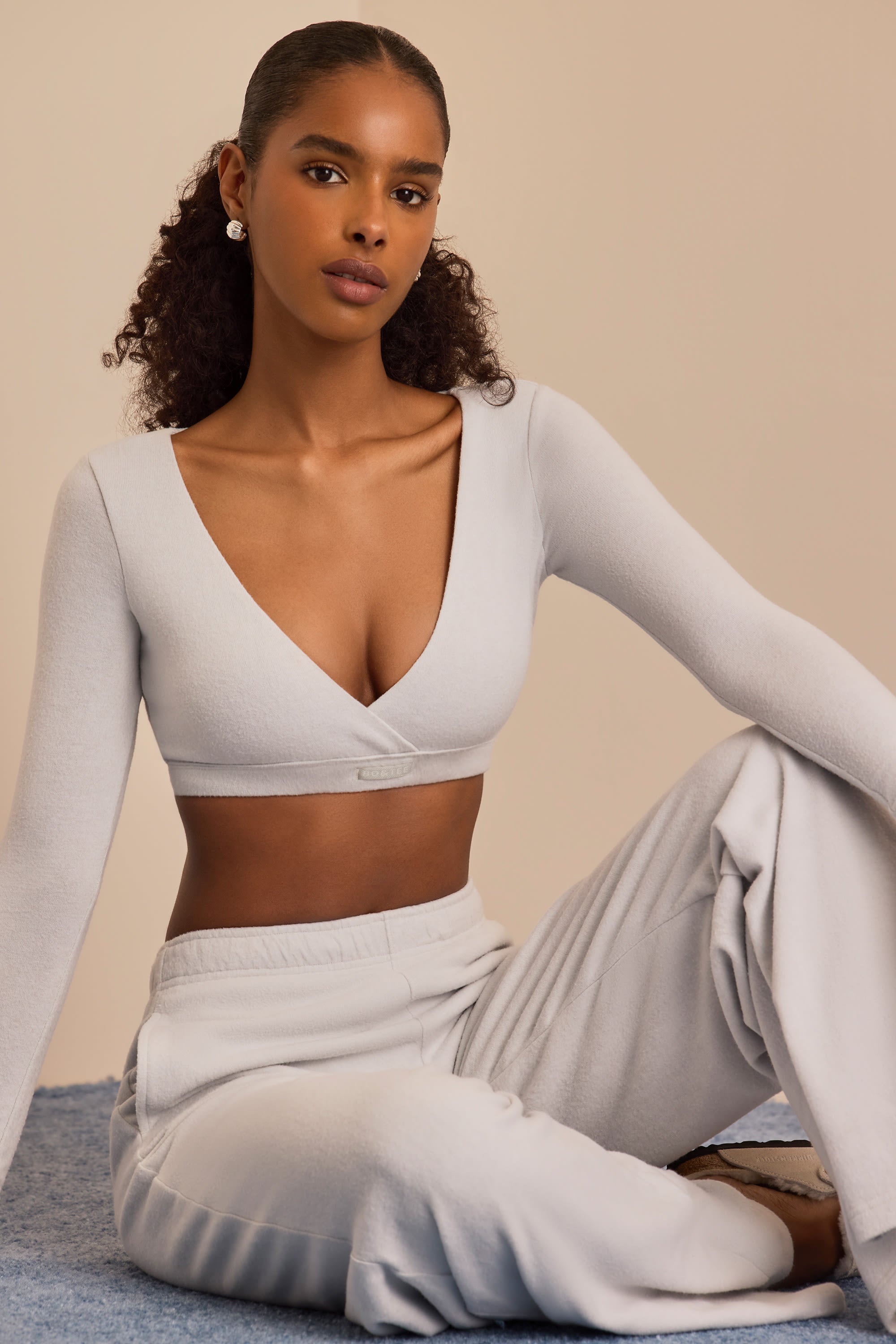 Brushed Jersey Wrap Crop Top in Fog Grey