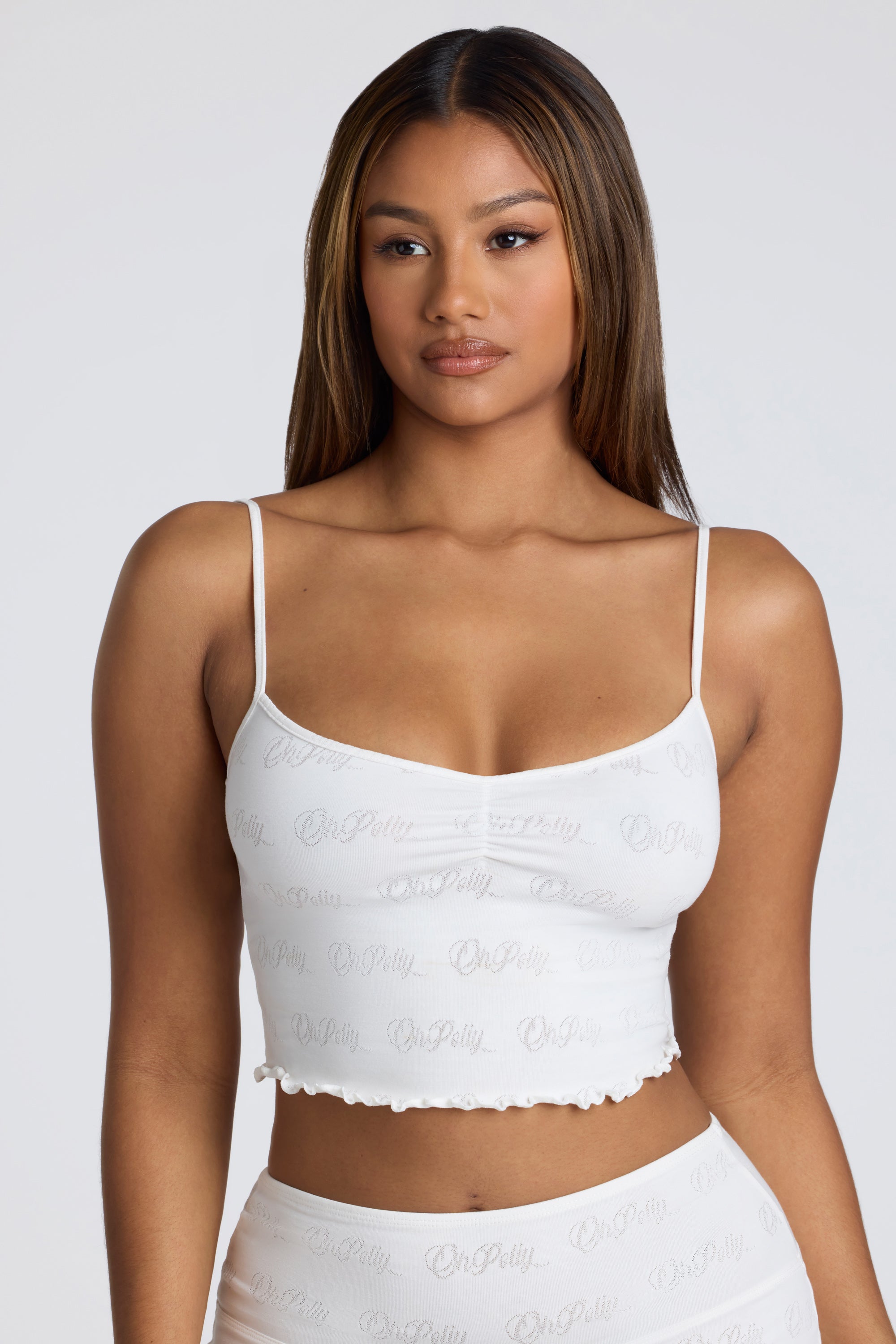 Strappy Ruched Pointelle Crop Top in White