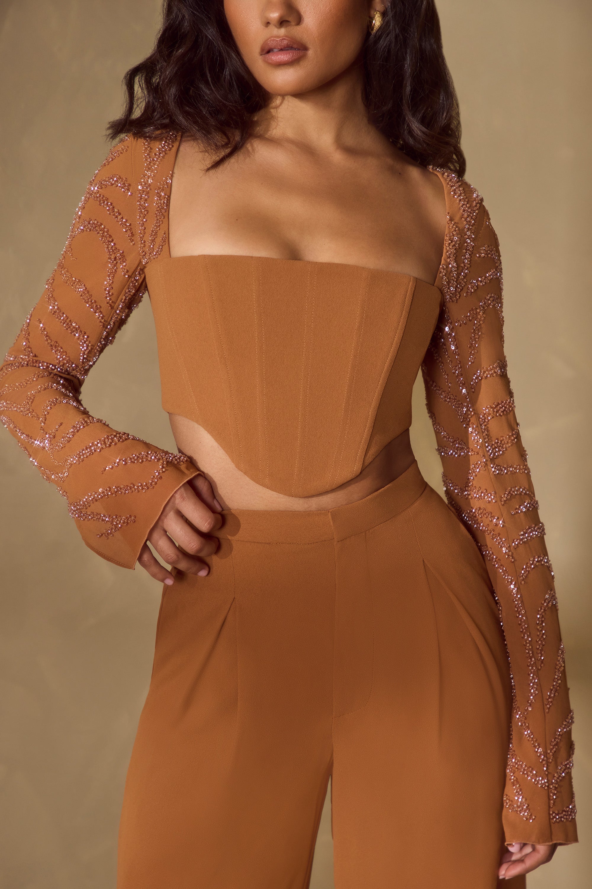 Embellished Sleeve Corset Crop Top in Caramel