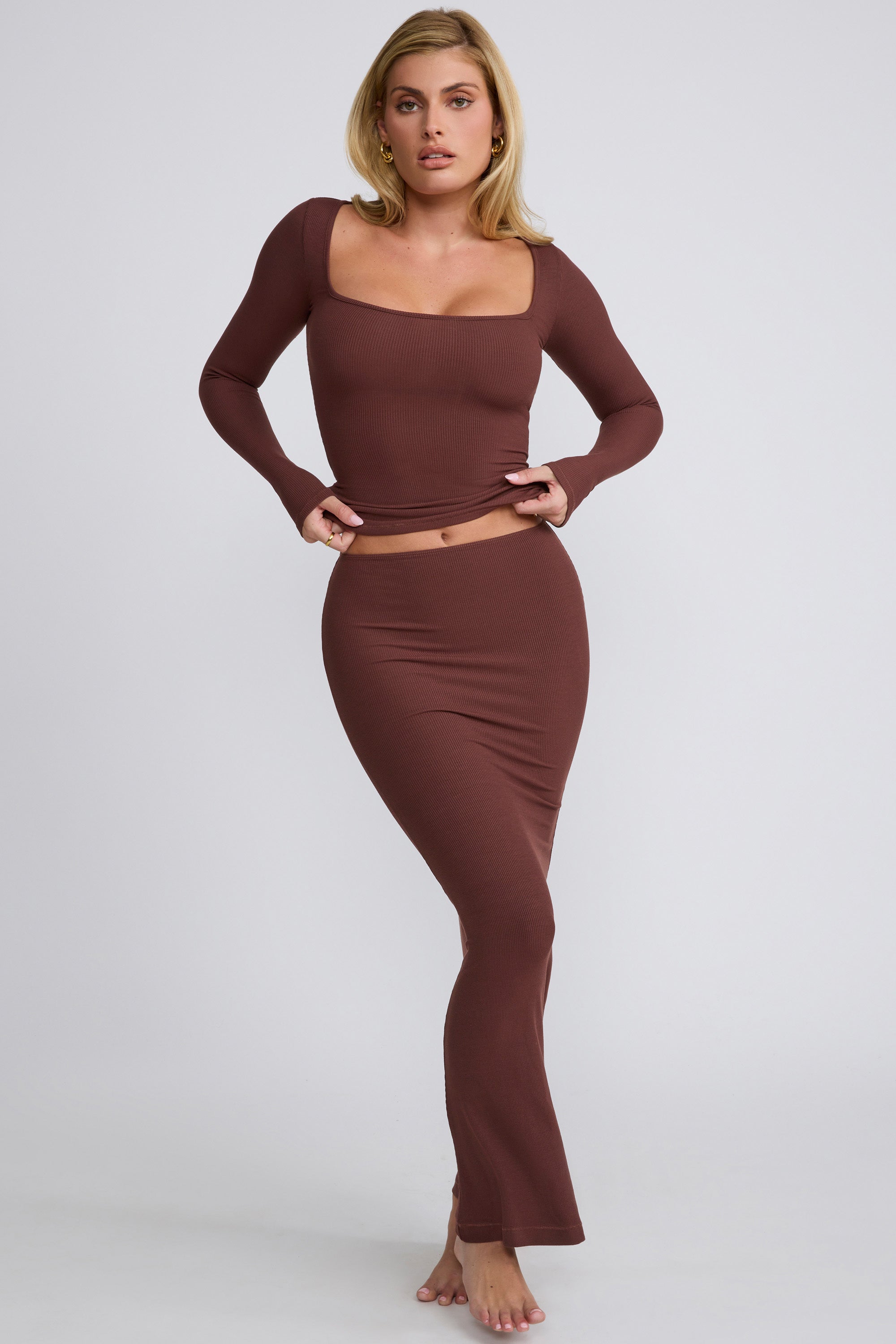 Ribbed Modal  Long Sleeve Top in Chocolate