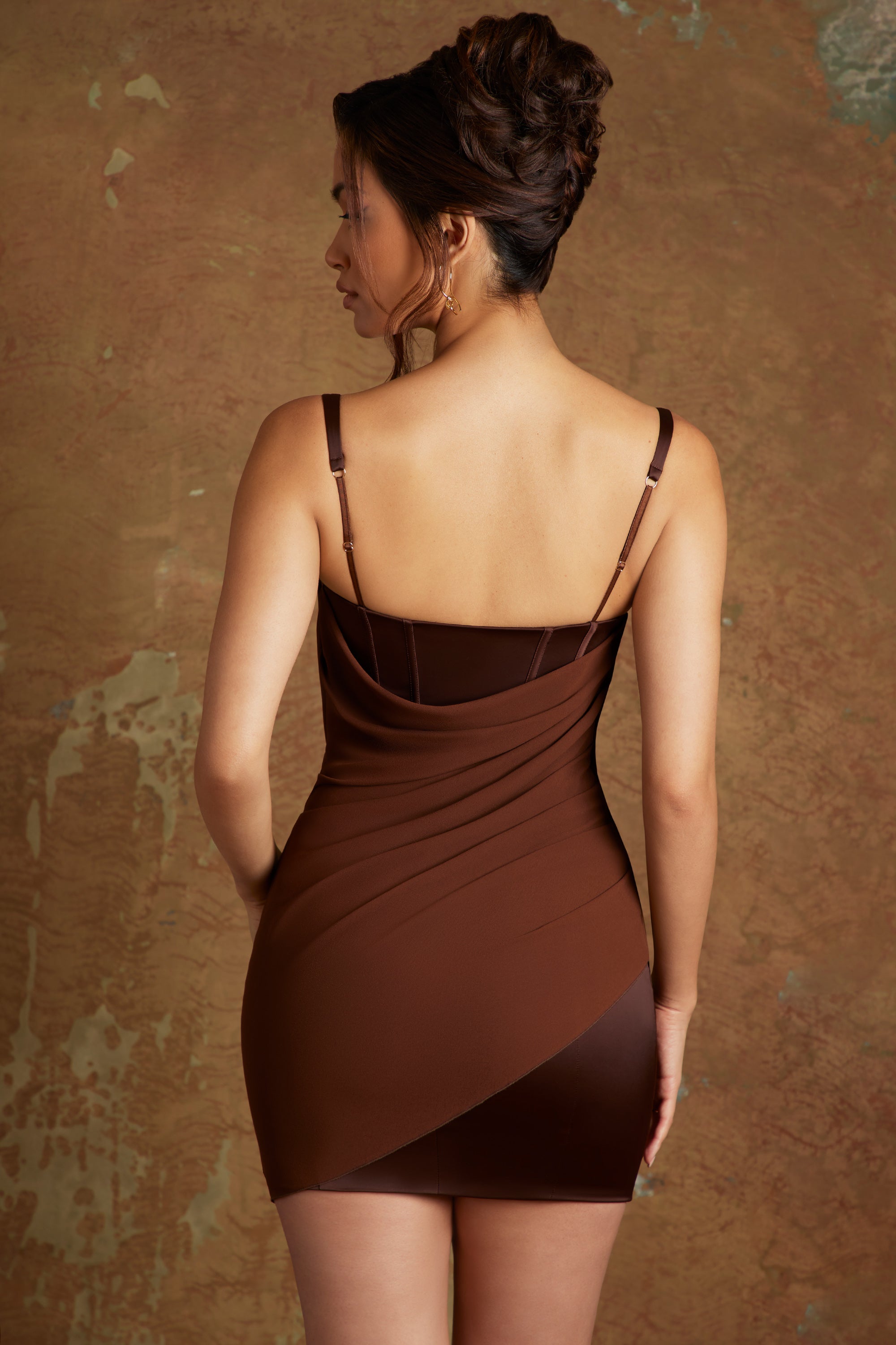 Draped Corset Mini Dress in Brown