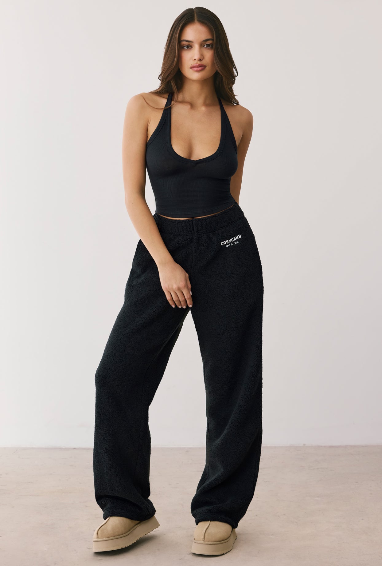 Fleece Wide Leg Joggers in Onyx