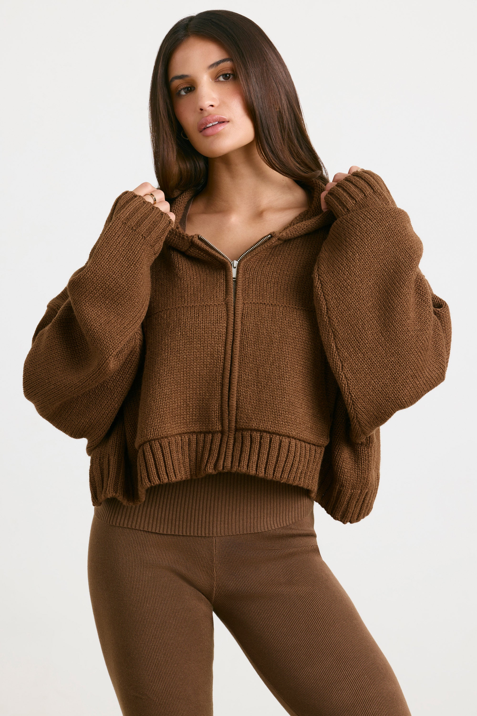 Cropped Zip Up Chunky Knit Hoodie in Espresso