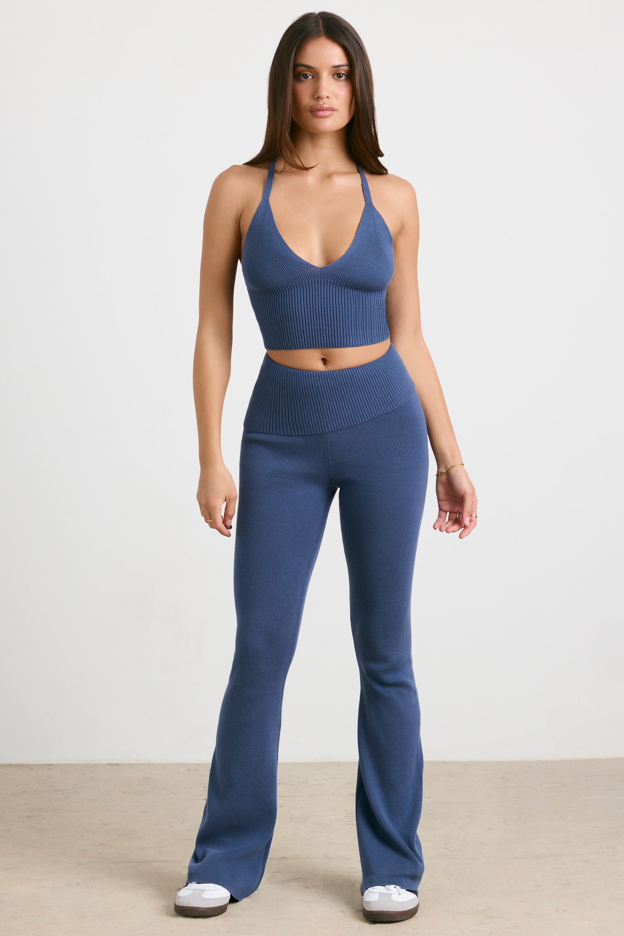 Petite Chunky Knit Kick Flare Trousers in Washed Navy