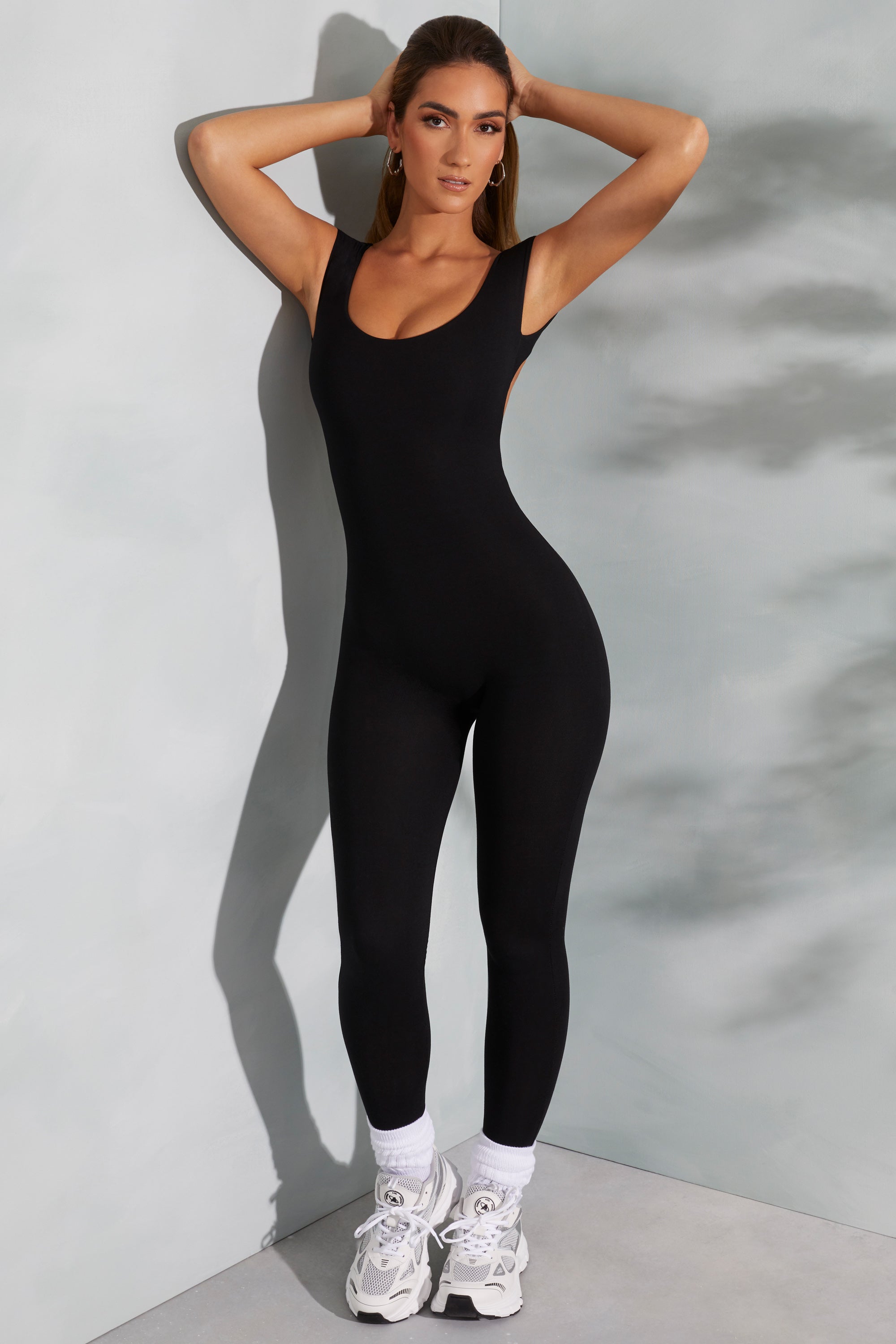 Petite Open Back Scoop Neck Jumpsuit in Black