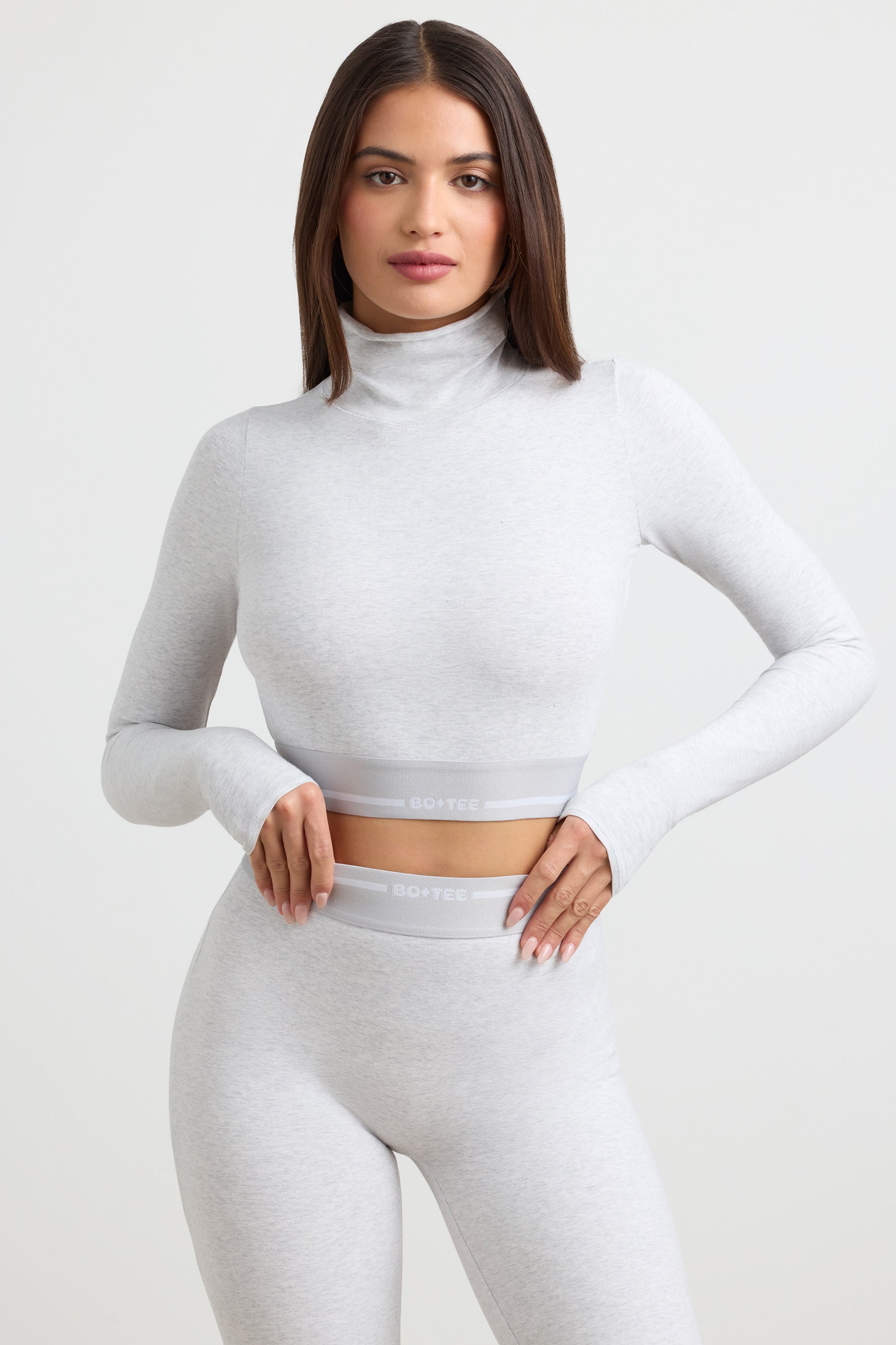 Turtleneck Backless Long-Sleeve Crop Top in Grey Marl