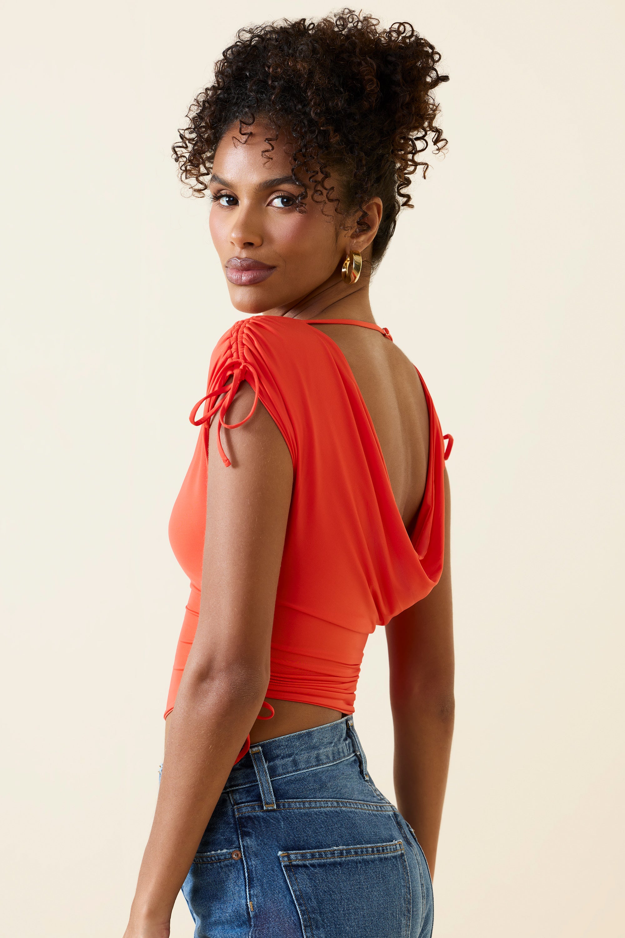 Asymmetric Ruched Cowl-Back Crop Top in Scarlet