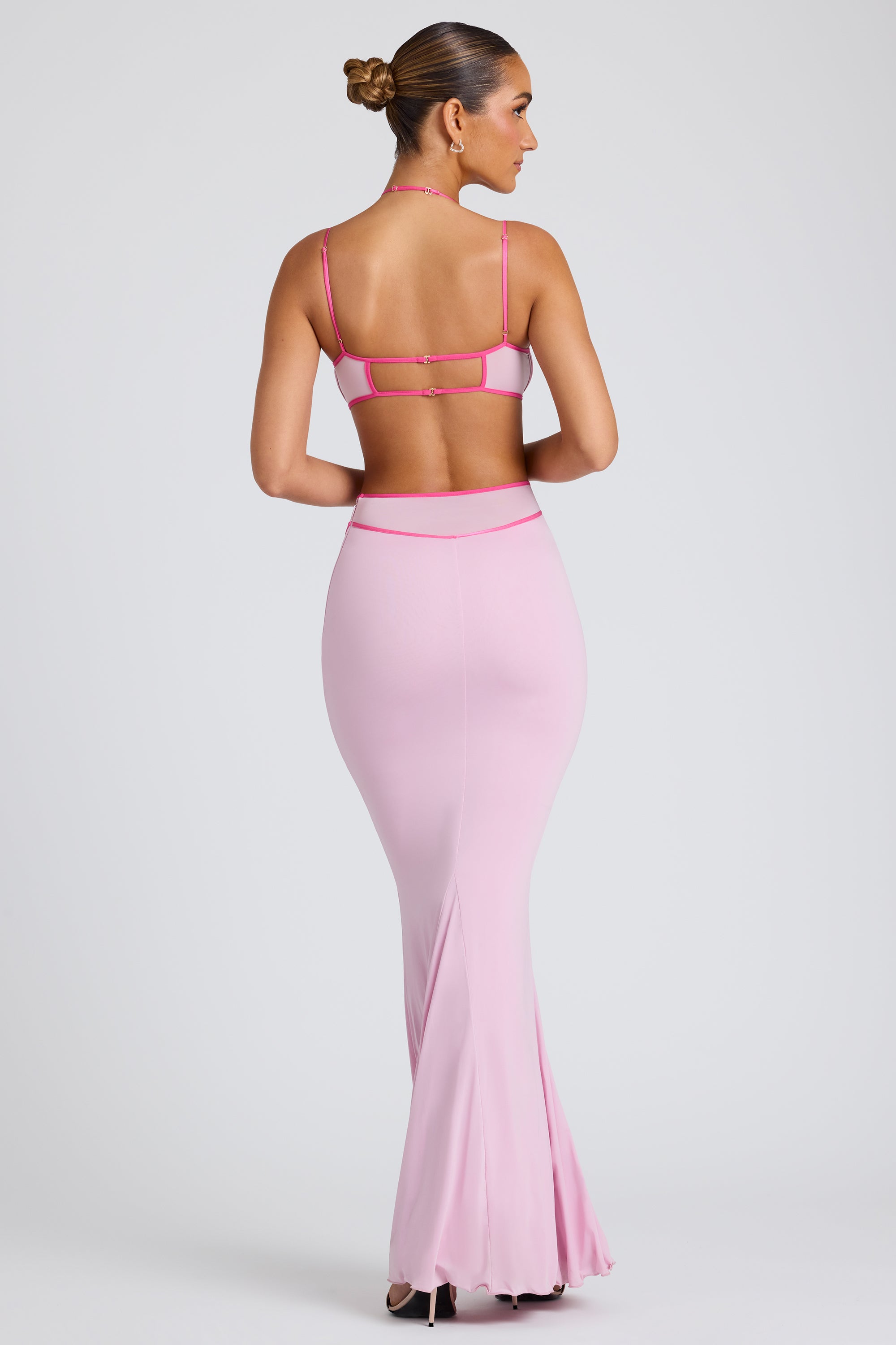 Contrast Binding Cut Out Evening Gown in Soft Pink