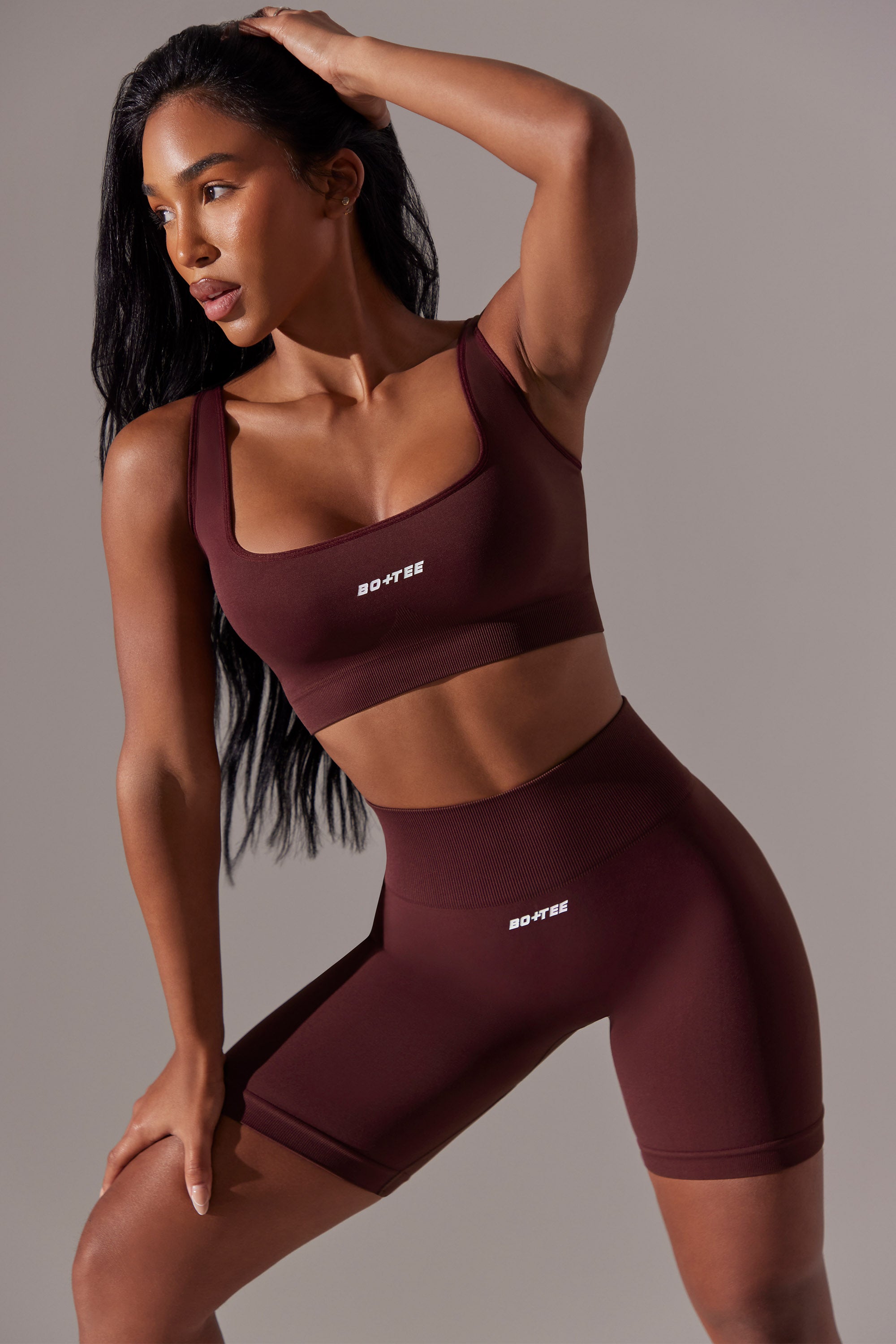 Open Back Square Neck Sports Bra in Burgundy