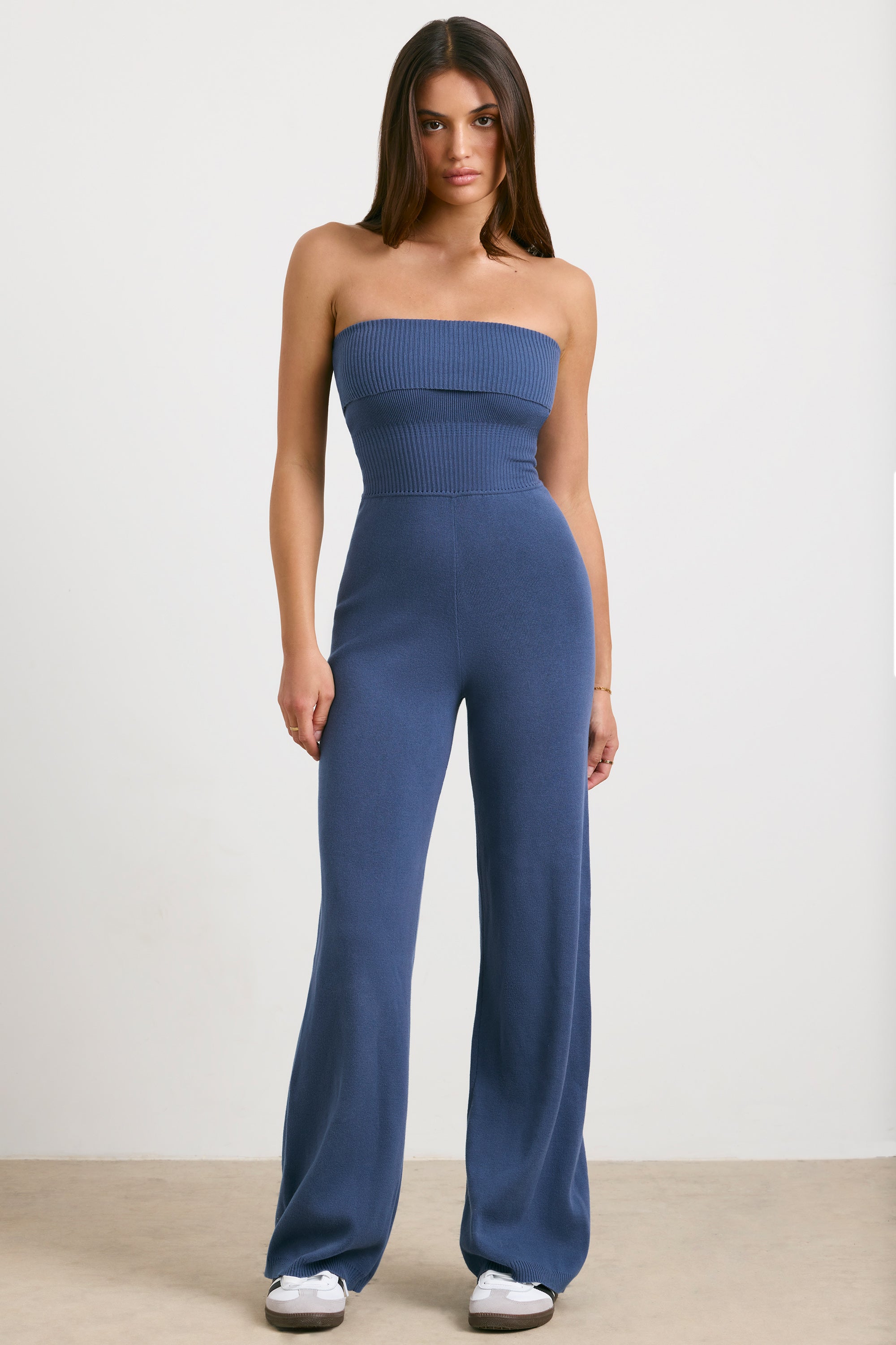 Chunky Knit Kick Flare Unitard in Washed Navy