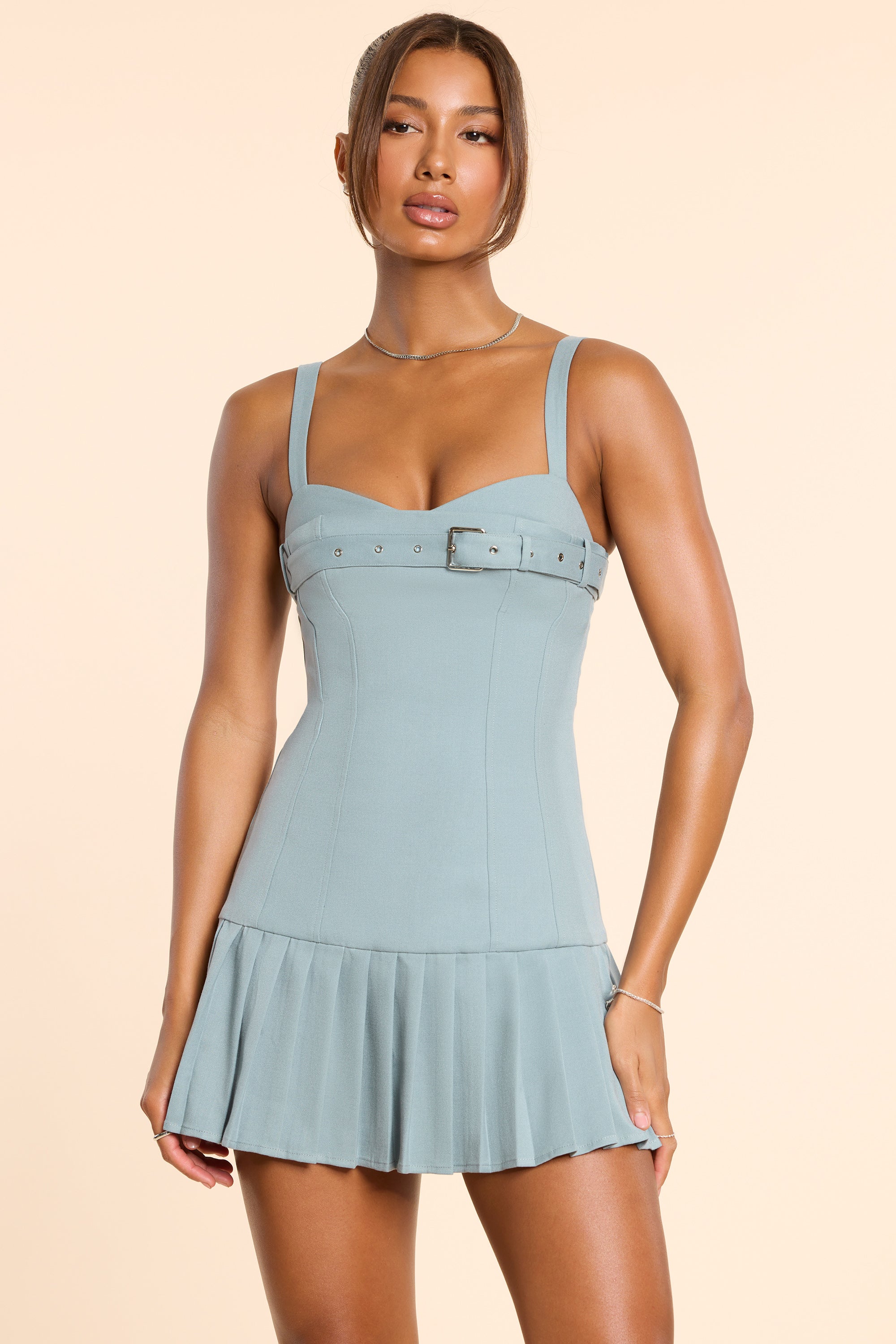 Brushed Twill Drop Waist Kilt Mini Dress in Stone Blue