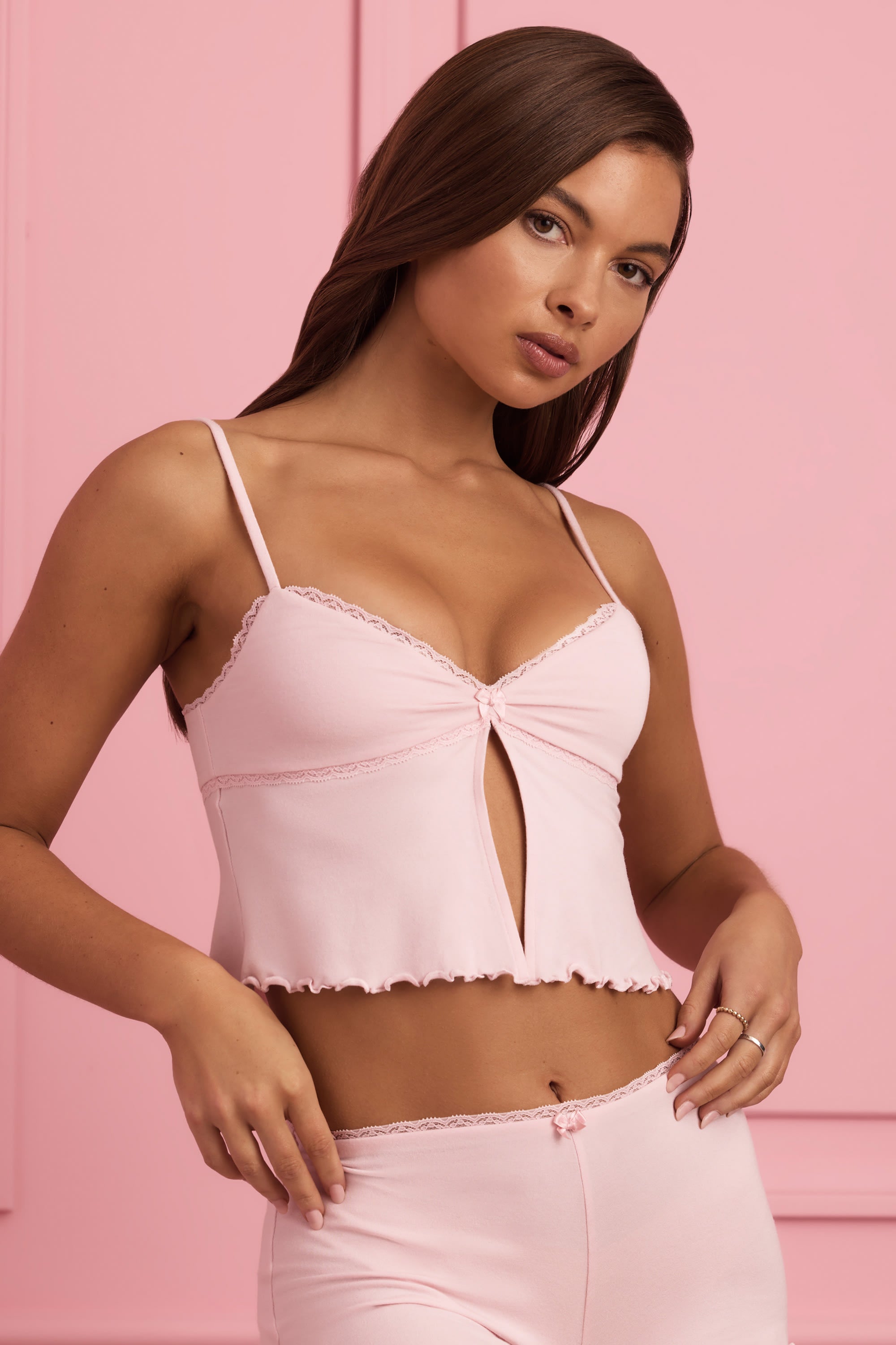 Lace-Trim Babydoll Pyjama Top in Baby Pink