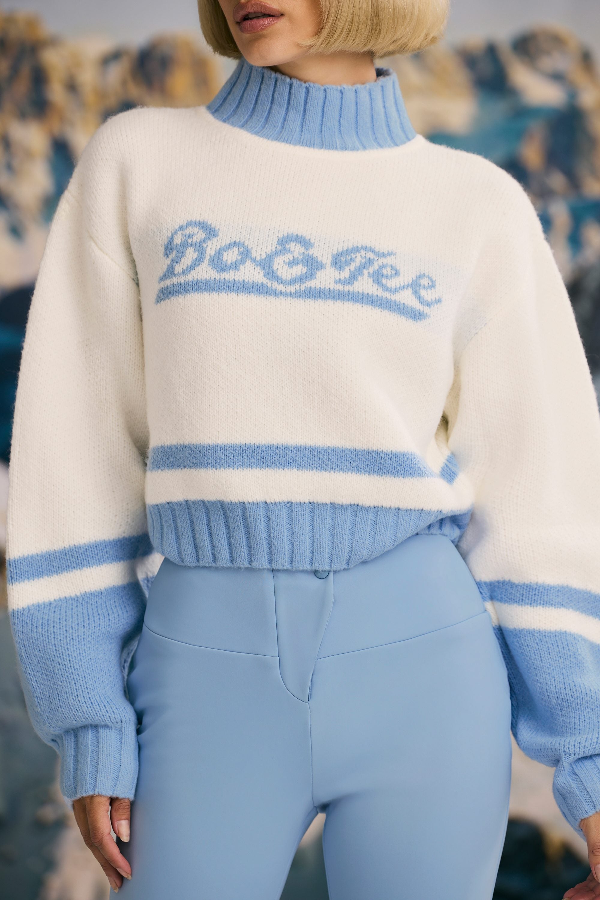 Cropped Chunky-Knit Turtleneck Jumper in Ice Blue