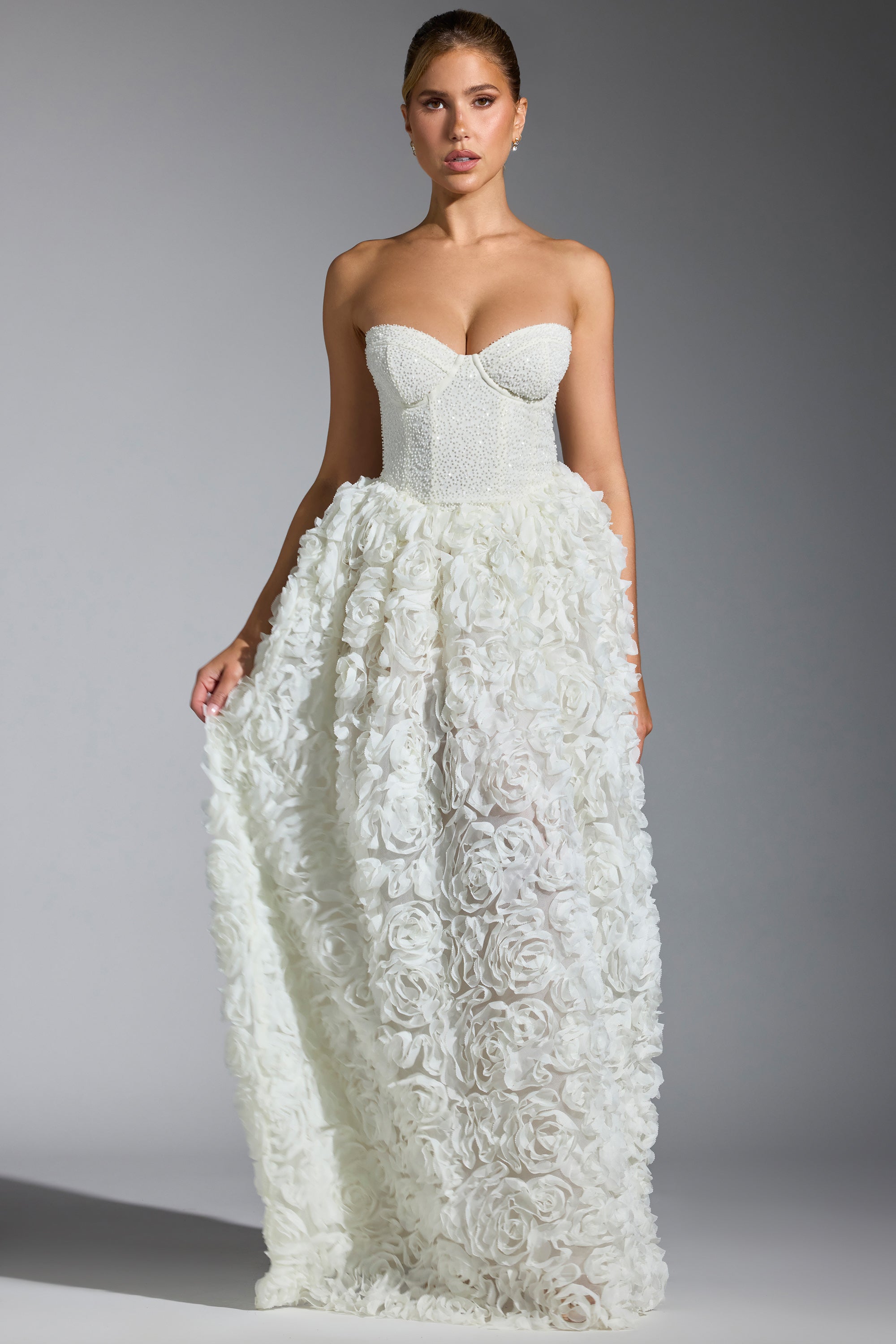 Embellished Floral-Appliqué Corset Gown in White