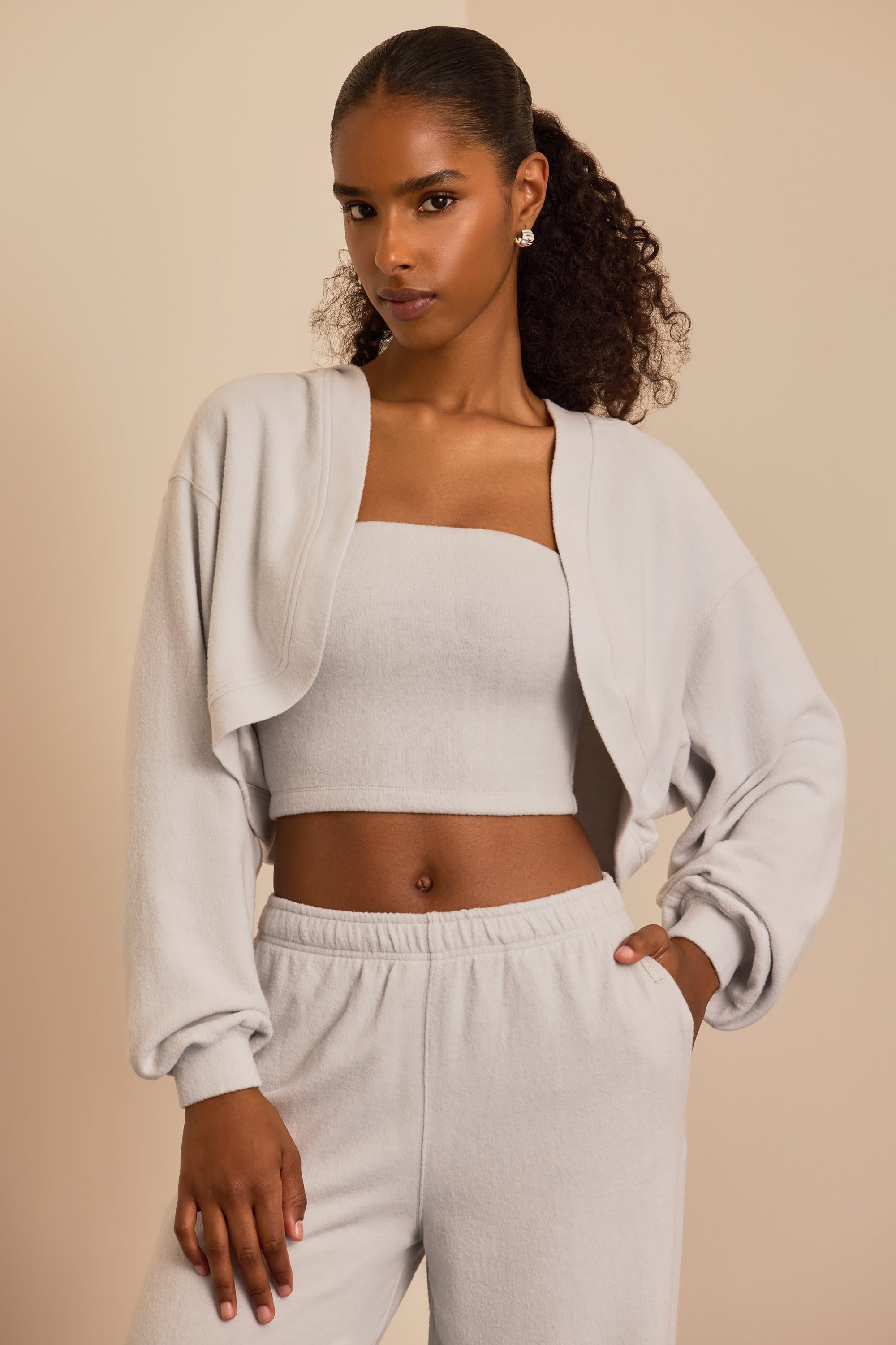 Brushed Jersey Hooded Cropped Shrug in Fog Grey