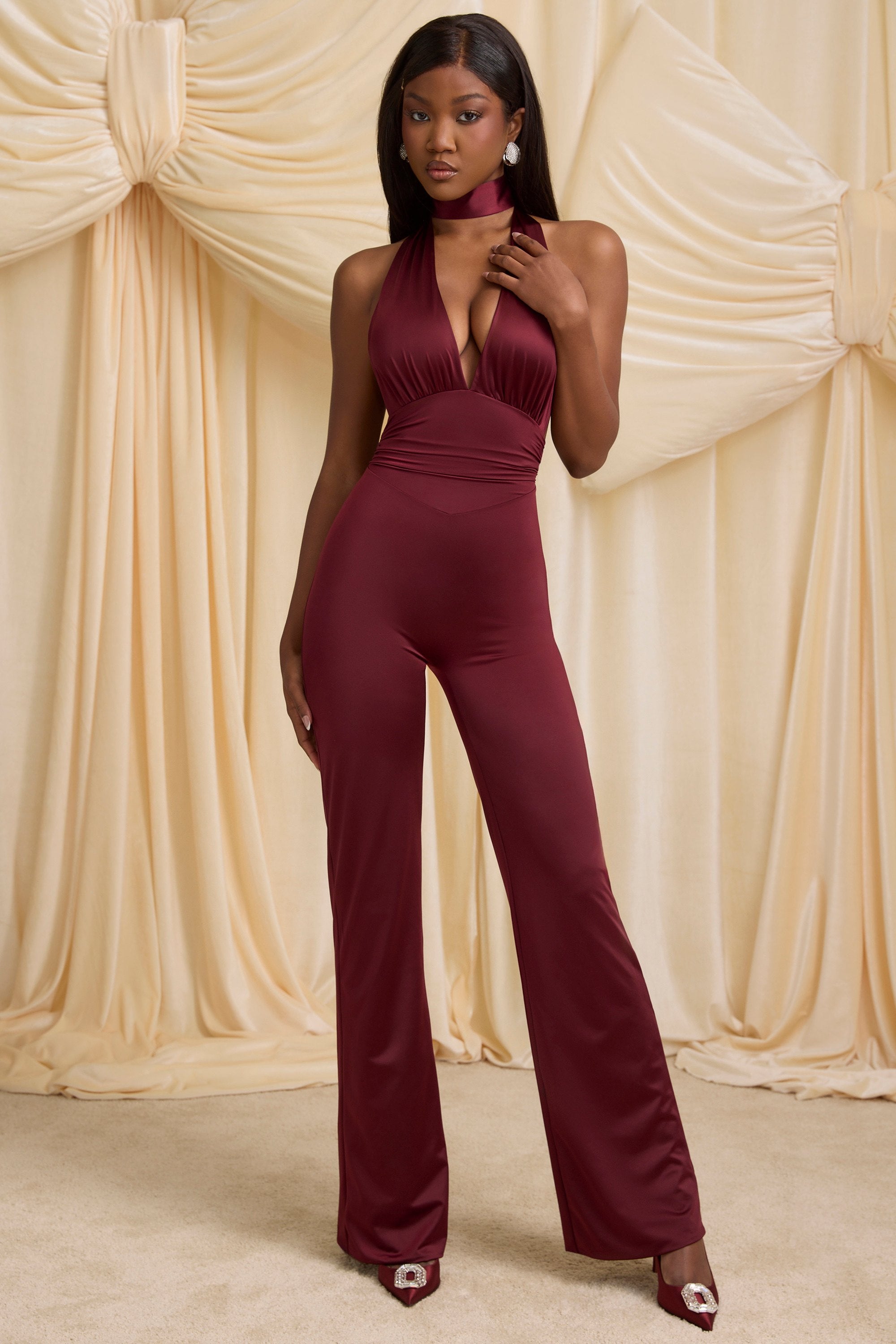 Tall Scarf-Detail Halterneck Jumpsuit in Wine Red