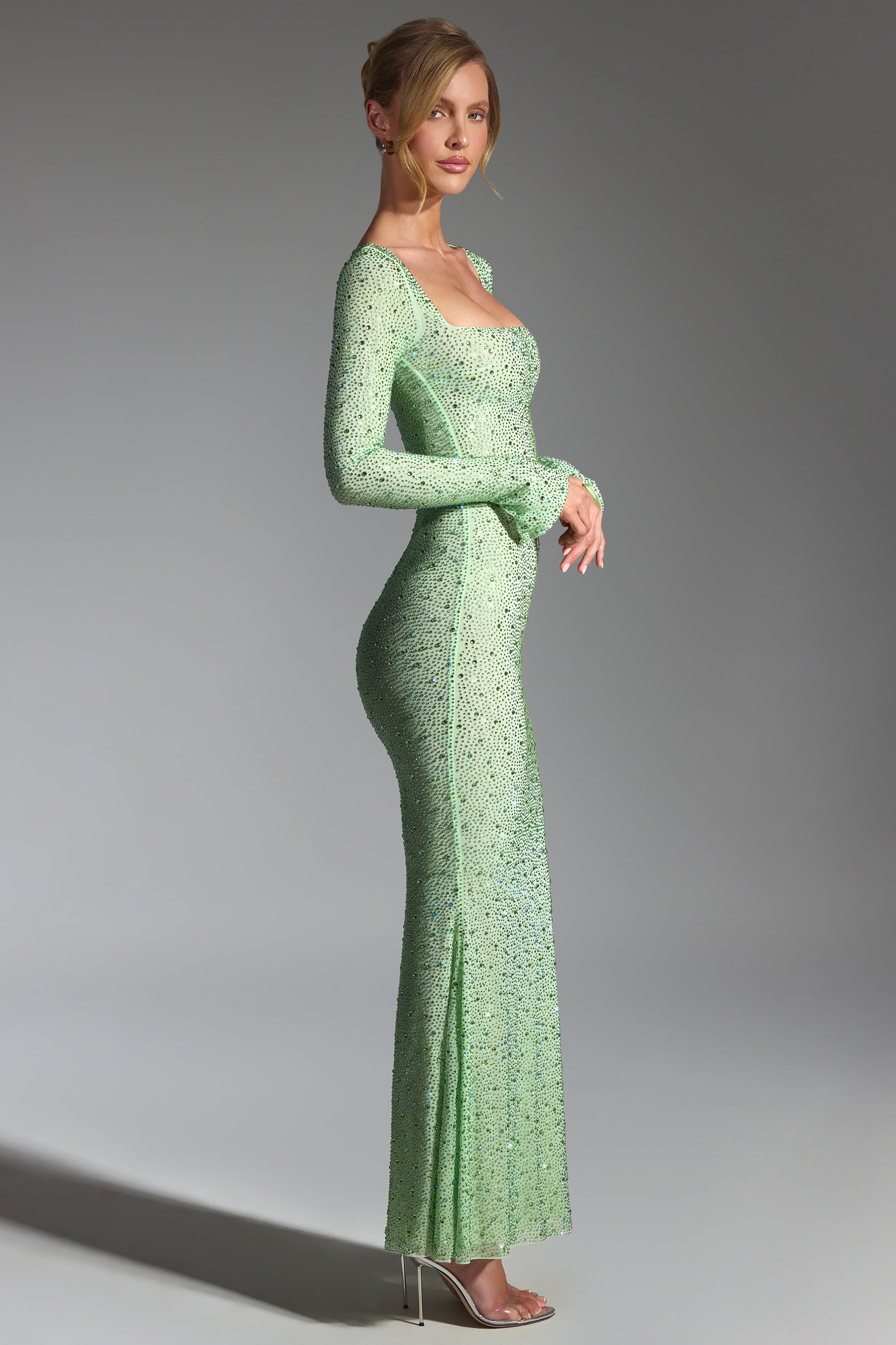 Embellished Fishtail Maxi Dress in Pistachio