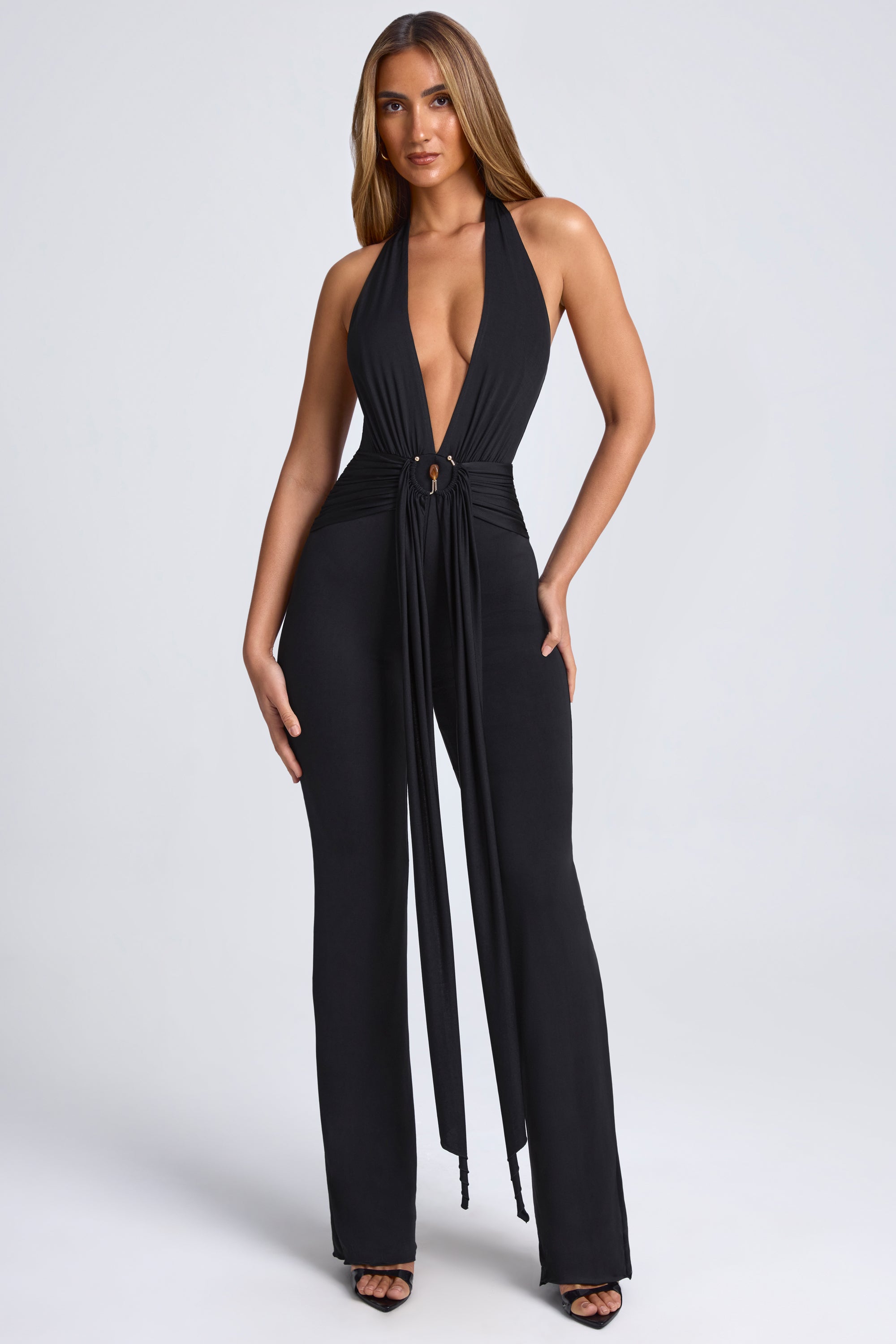 Tall Hardware Detail Plunge Halterneck Jumpsuit in Black