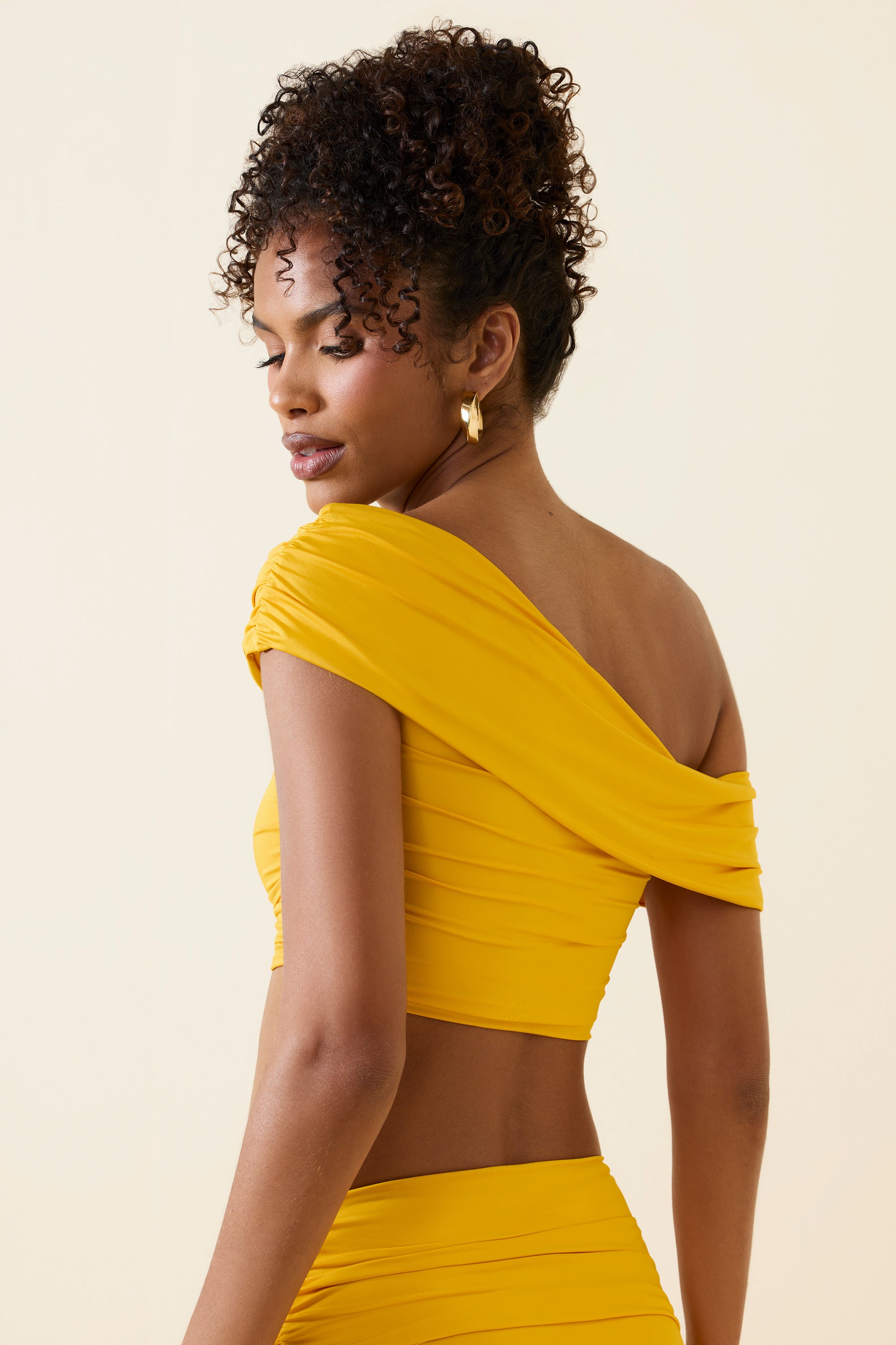 Asymmetric Ruched Off-Shoulder Crop Top in Golden Yellow