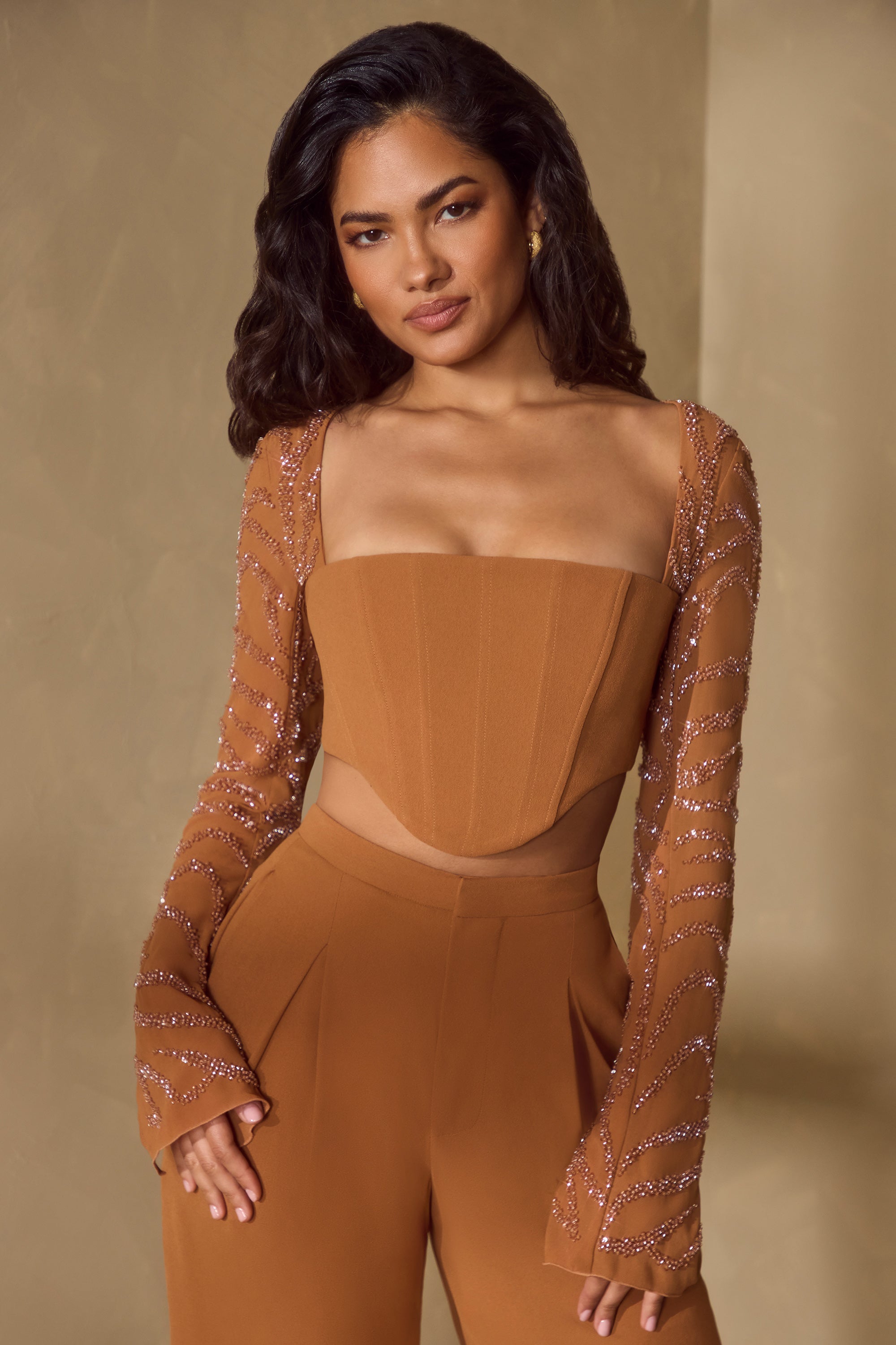 Embellished Sleeve Corset Crop Top in Caramel