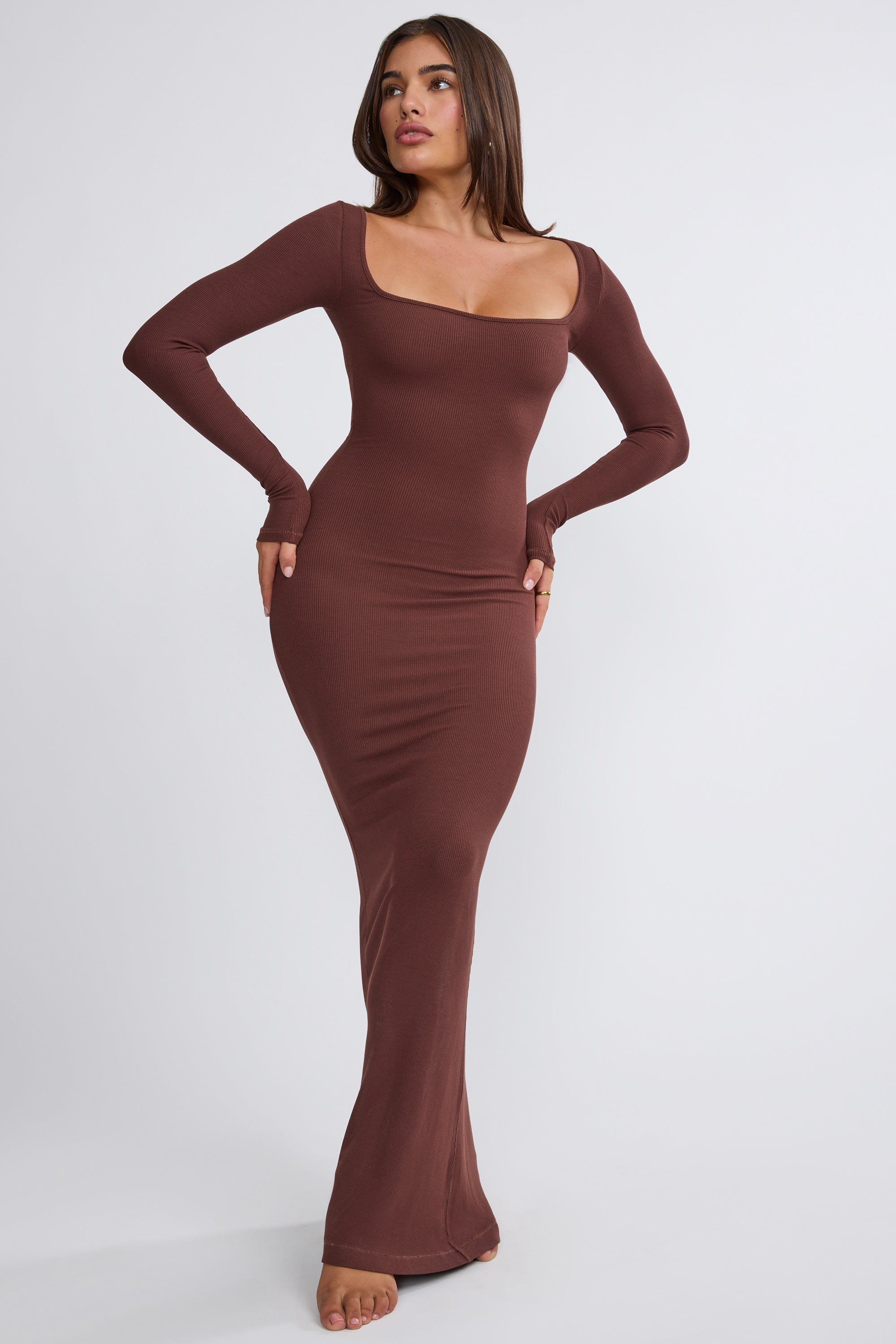 Ribbed Modal Long Sleeve Maxi Dress in Chocolate