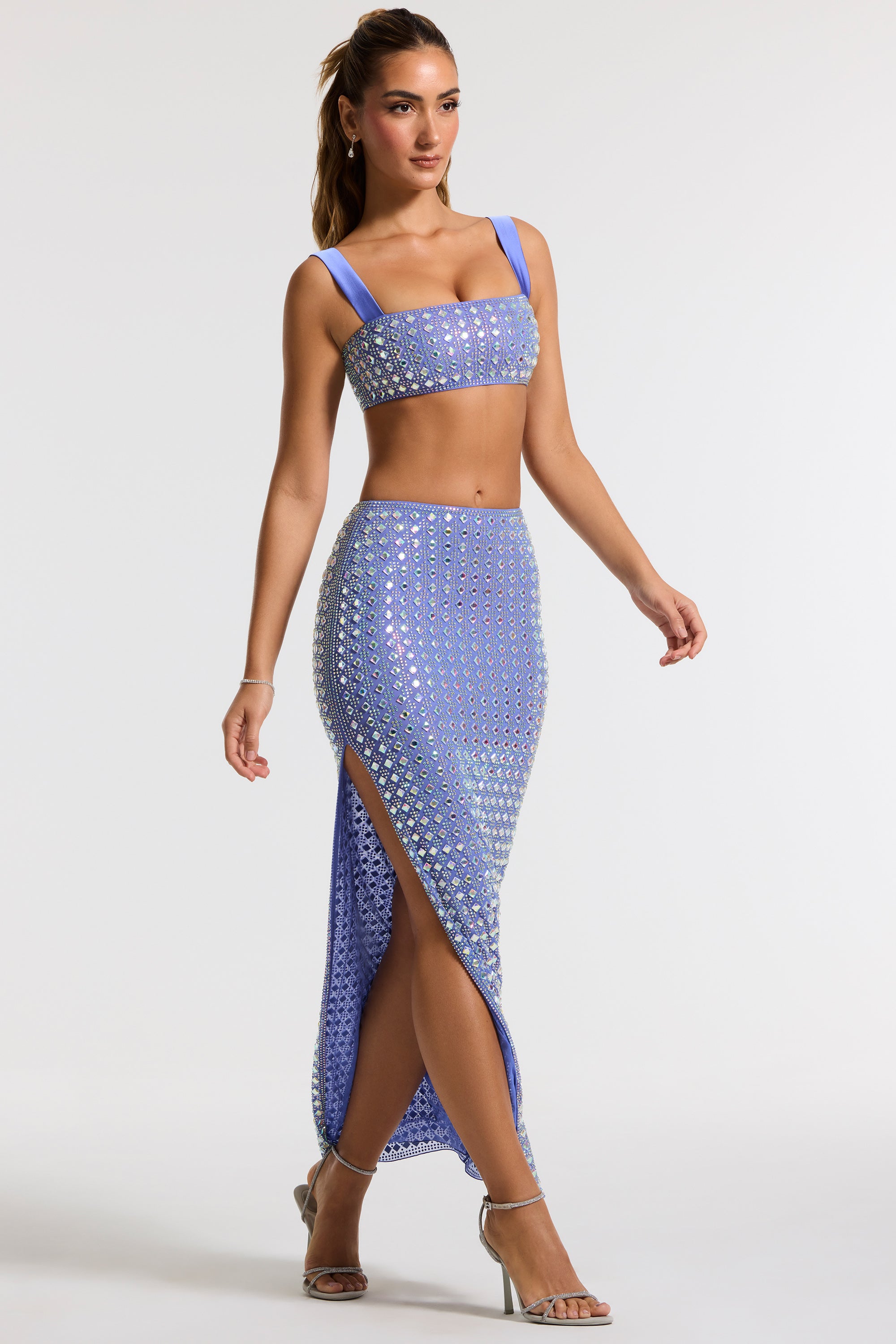 Embellished Mid Rise Gown Skirt in Blue