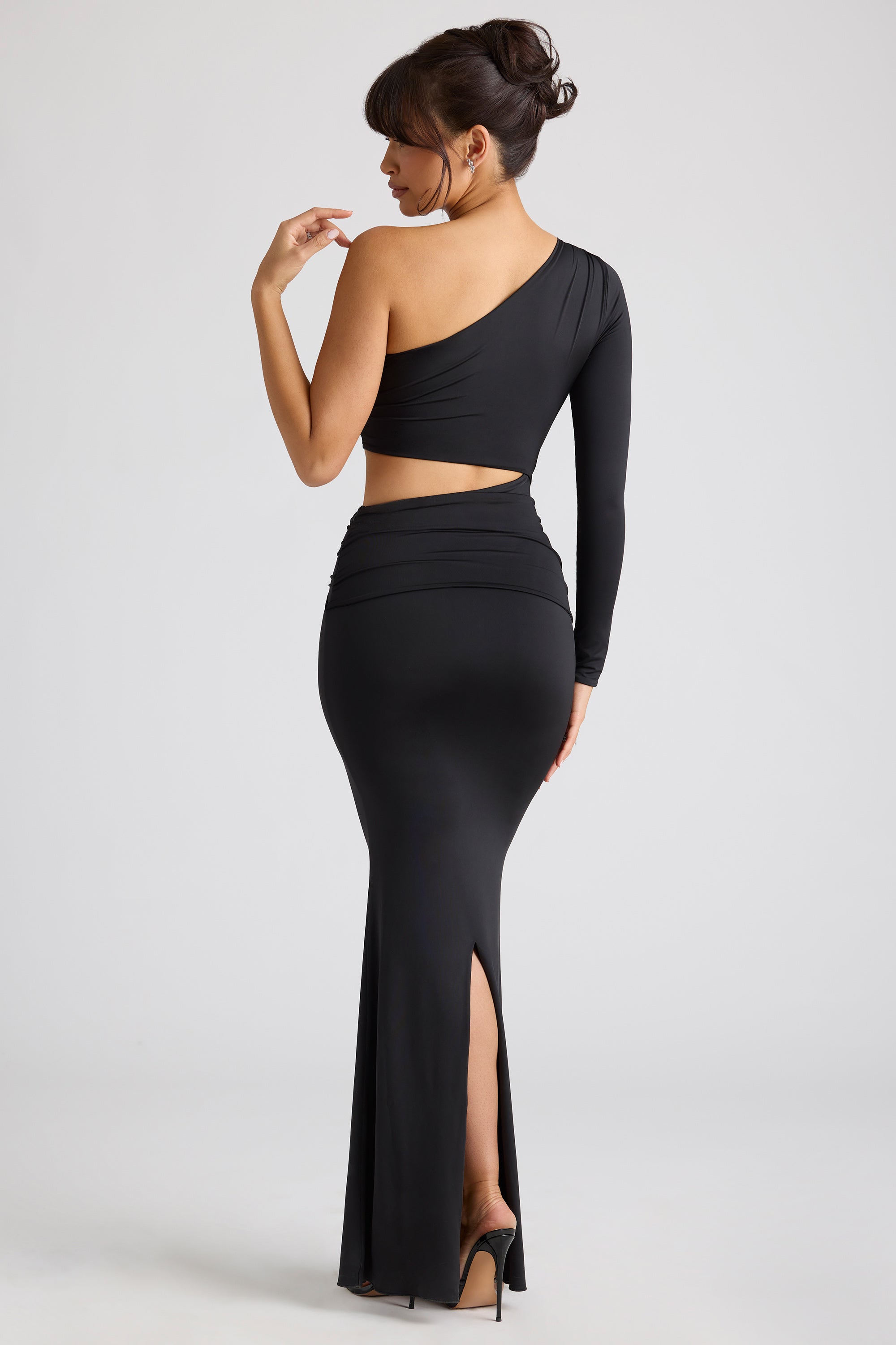 Single Sleeve Cut Out Evening Gown in Black