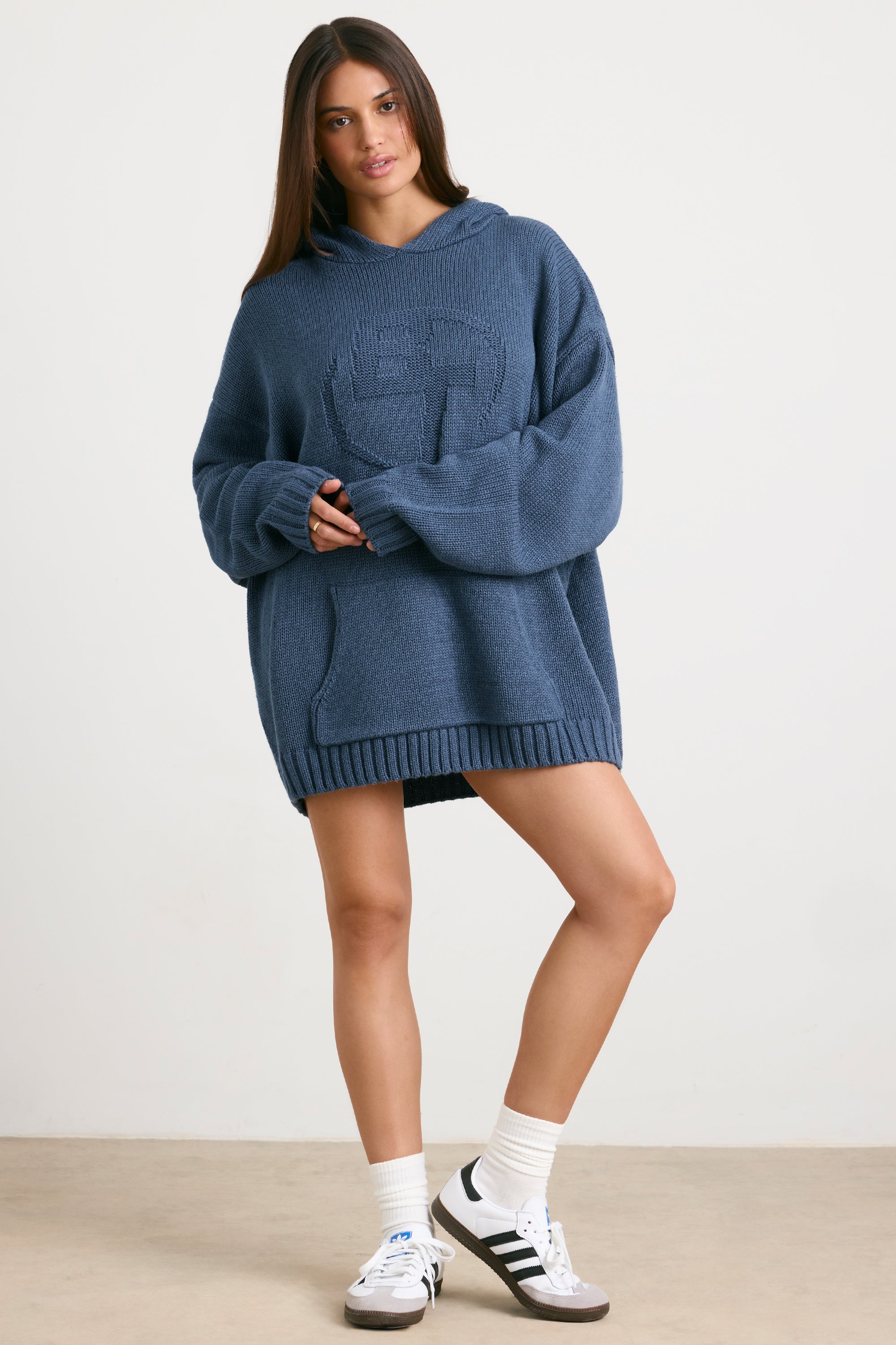 Oversized Chunky Knit Hoodie in Washed Navy