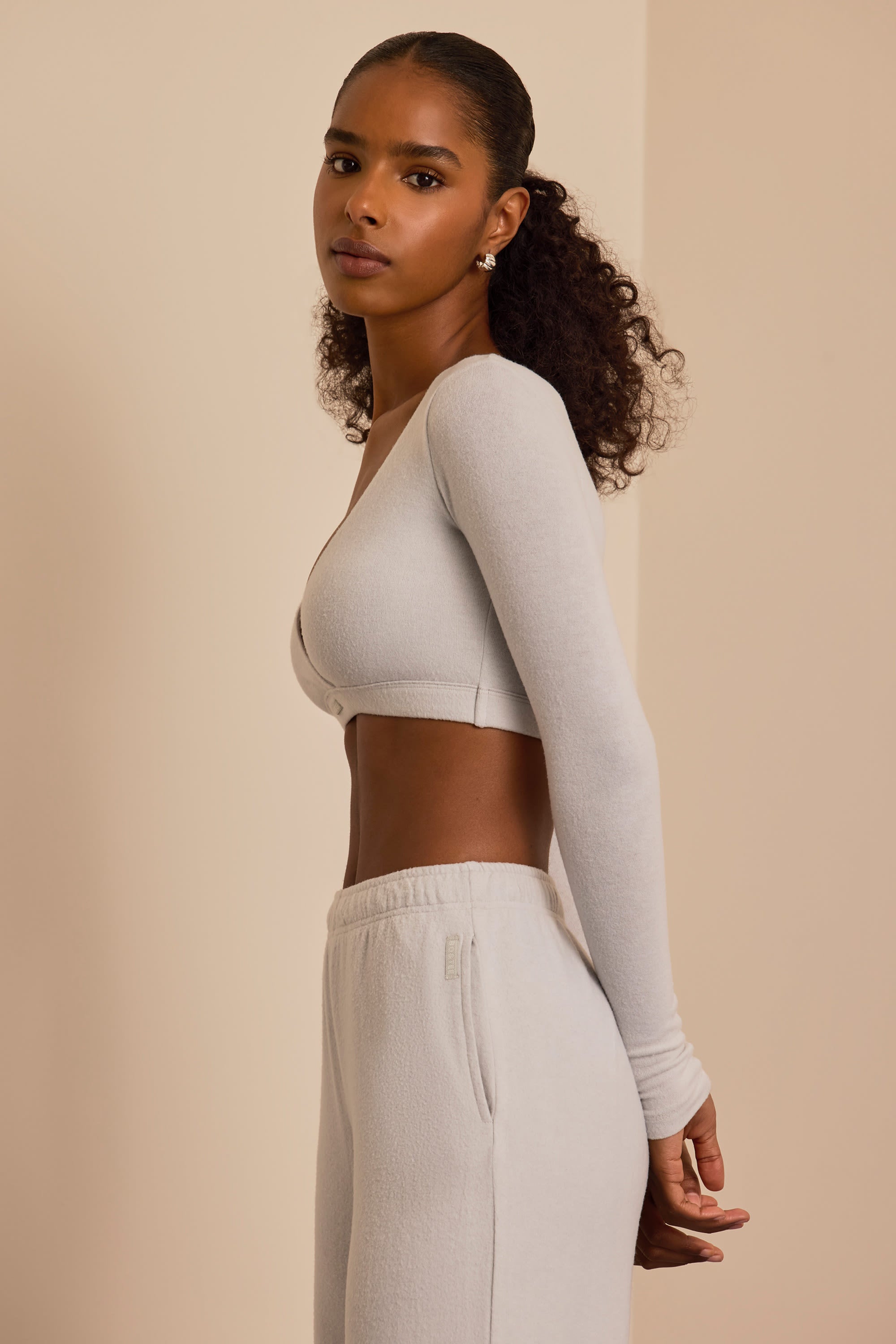 Brushed Jersey Wrap Crop Top in Fog Grey