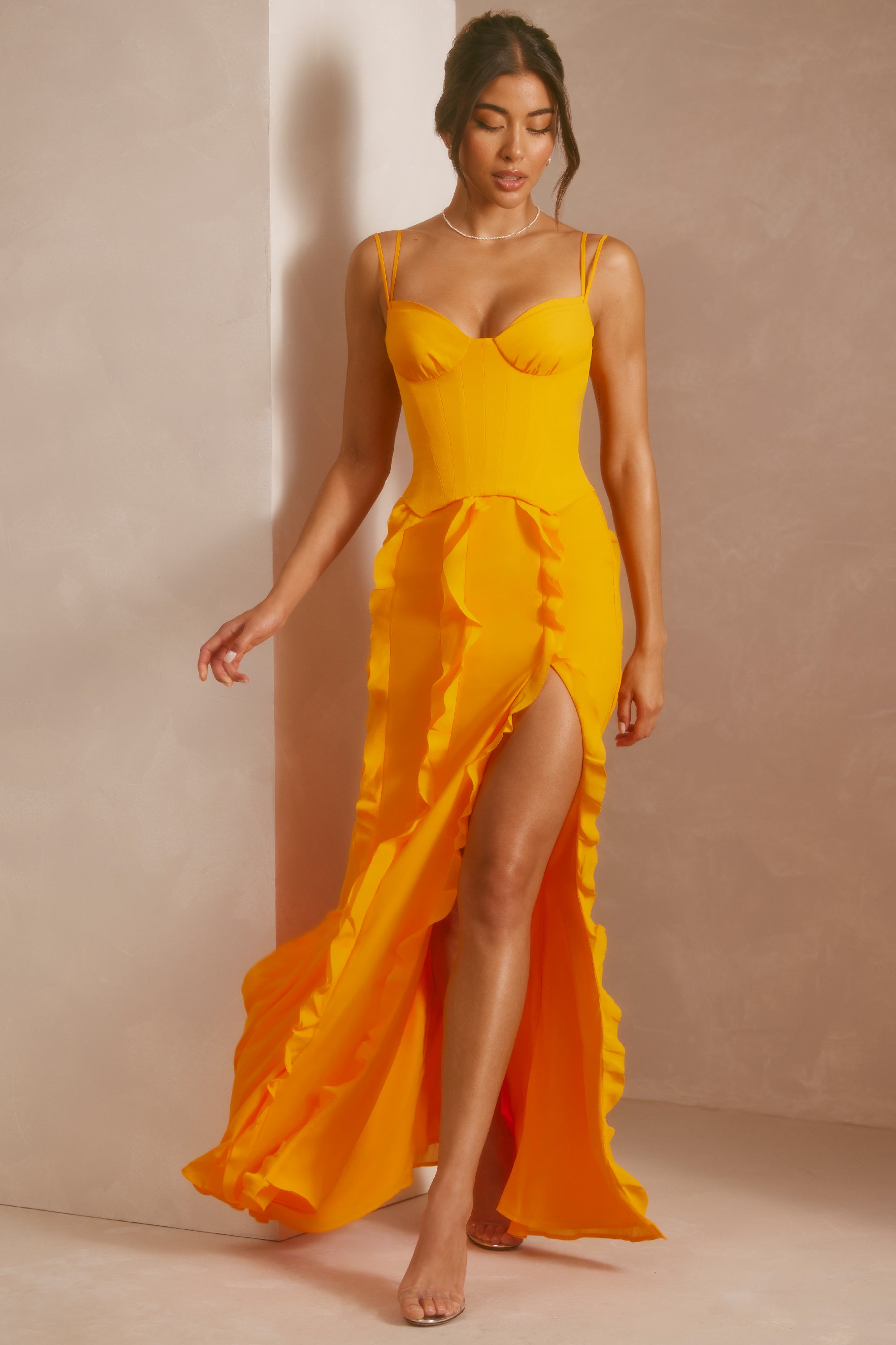 Corset Frill Skirt Maxi Dress in Tangerine