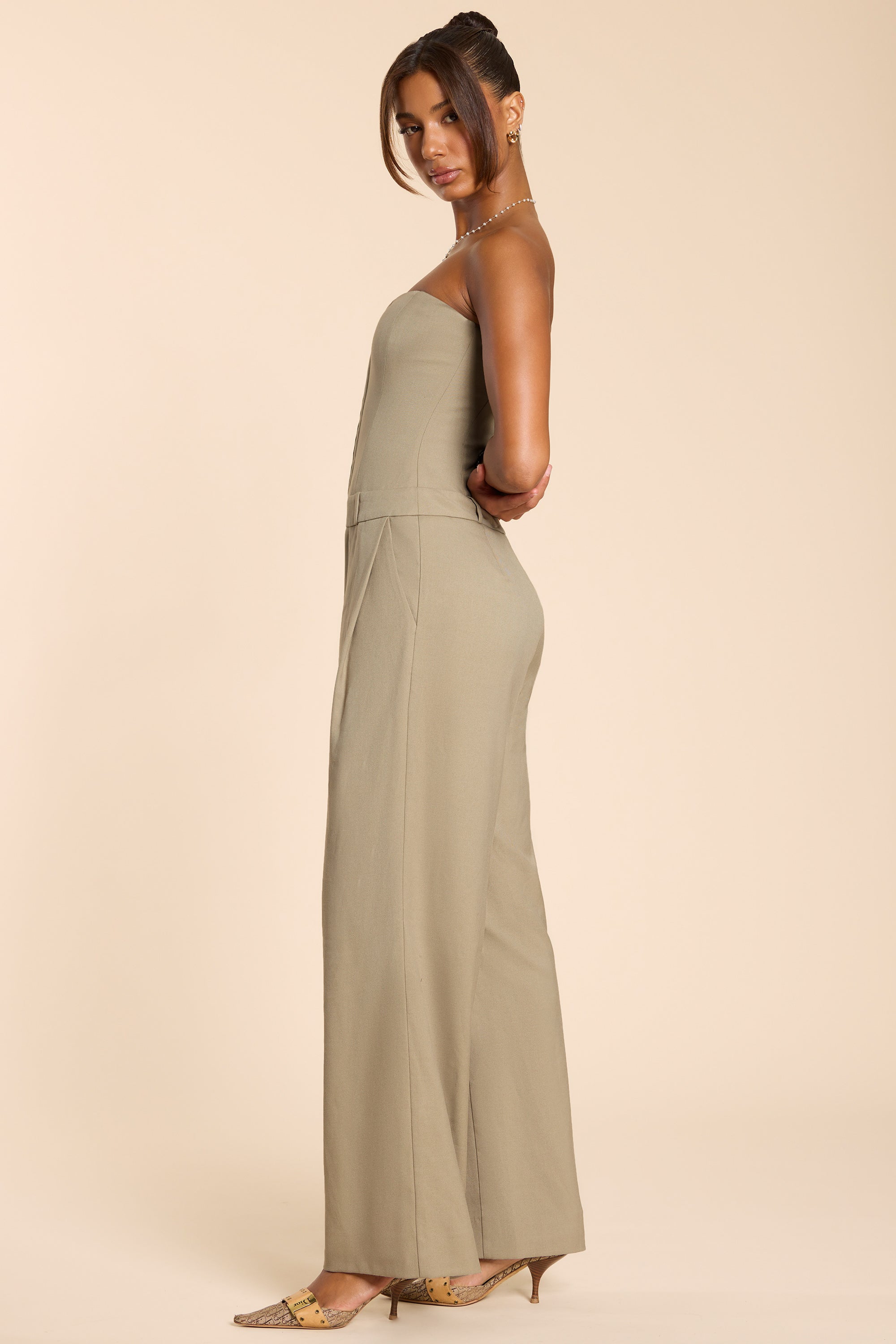 Petite Brushed Twill Bandeau Corset Jumpsuit in Taupe