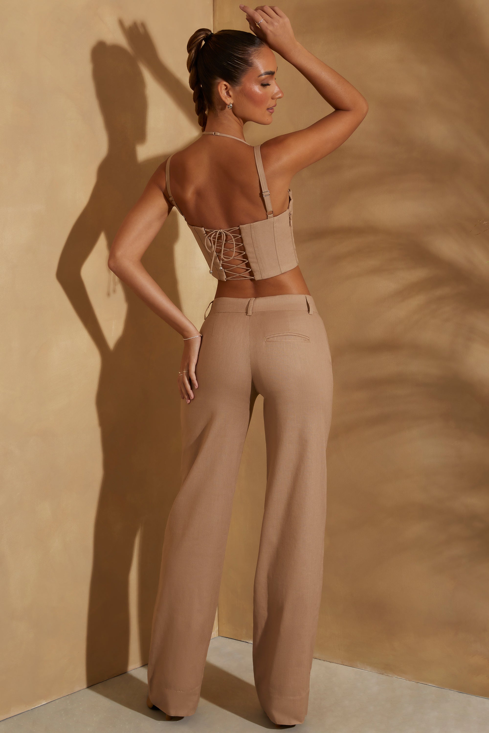 Petite High Waist Straight Leg Linen Trousers in Tan