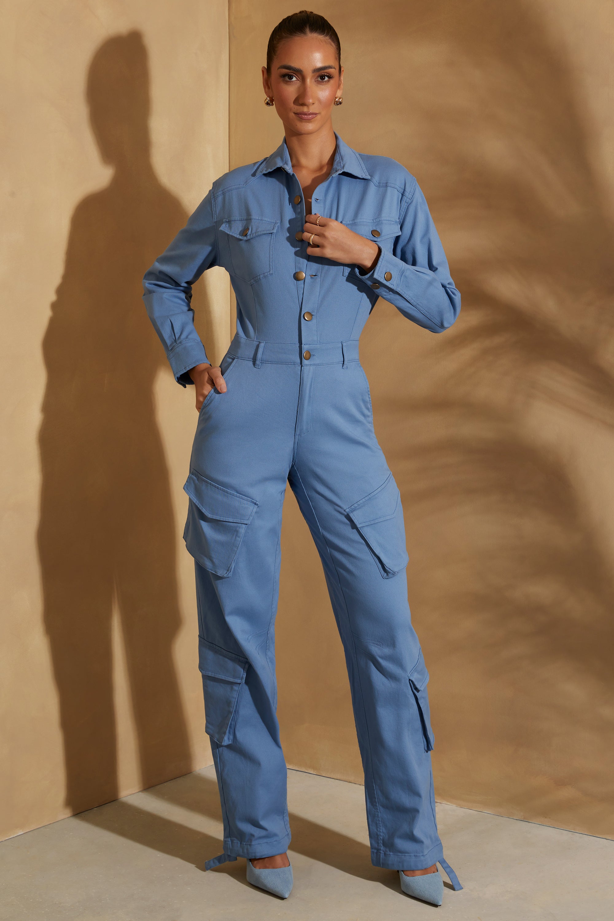 Petite Wide Leg Long Sleeve Cargo Jumpsuit in Dark Blue