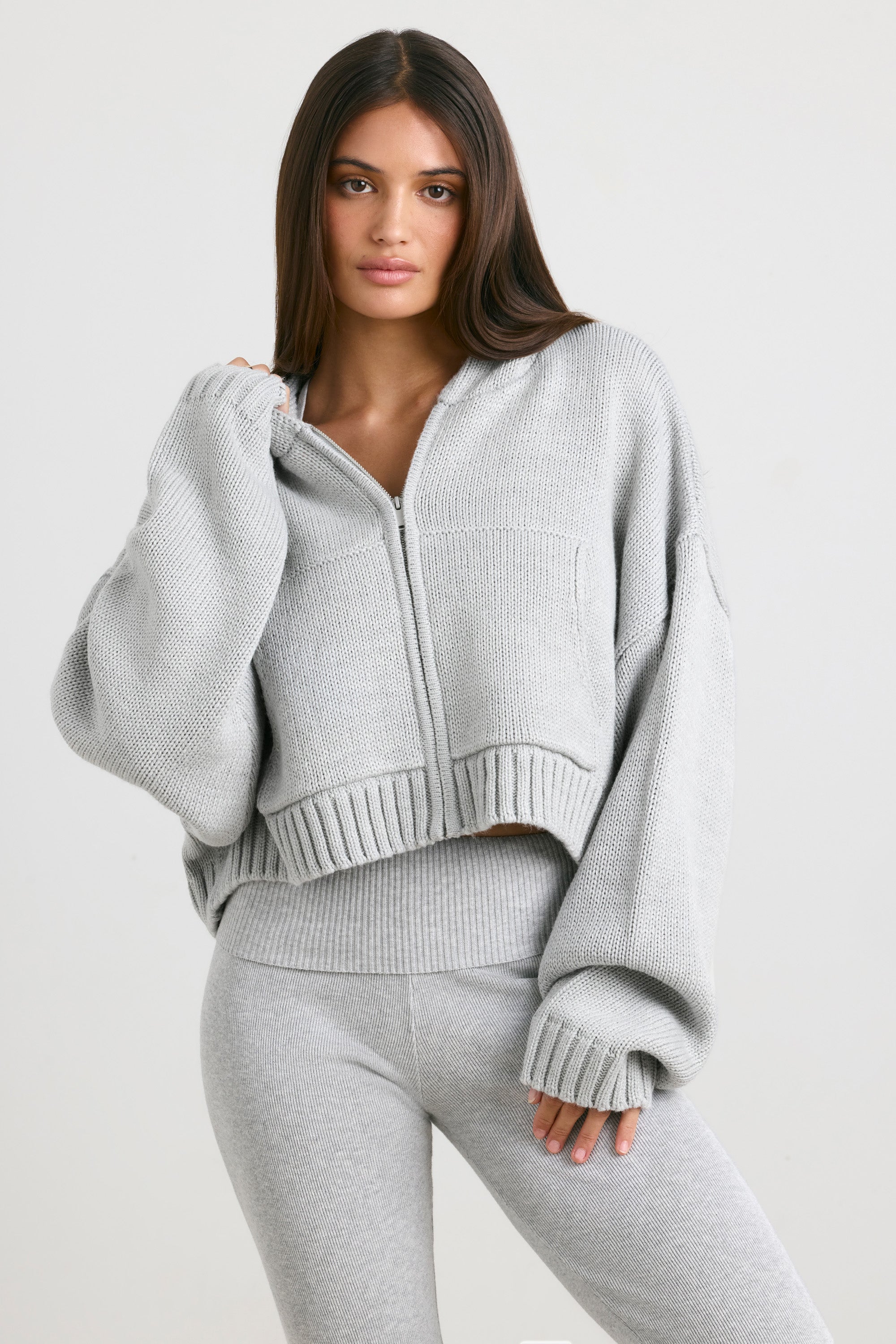 Cropped Zip Up Chunky Knit Hoodie in Heather Grey