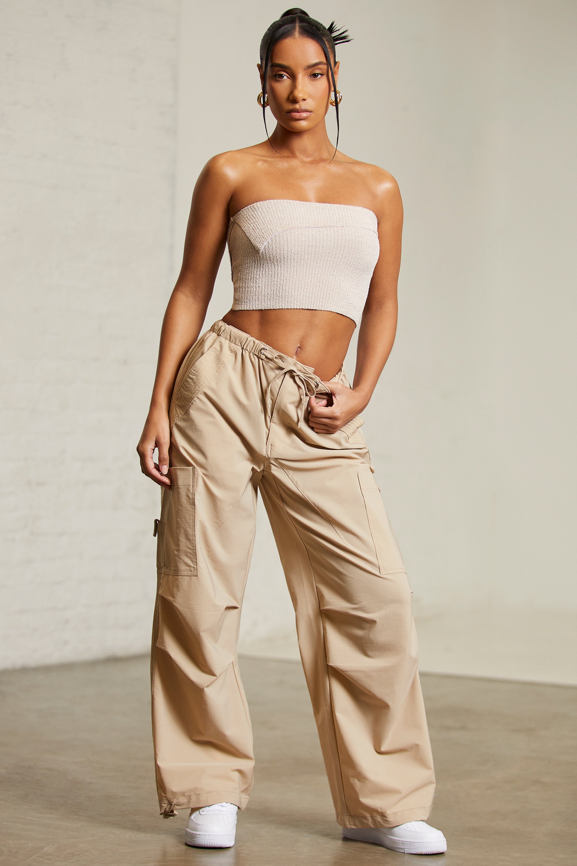 Tall Wide Leg Cargo Trousers in Beige