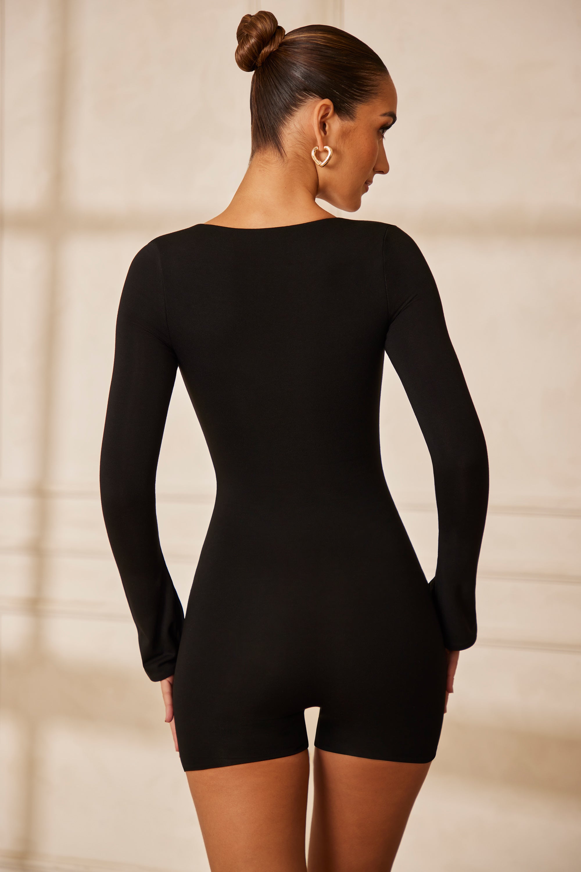 Long Sleeve Sweetheart Neckline Unitard in Black