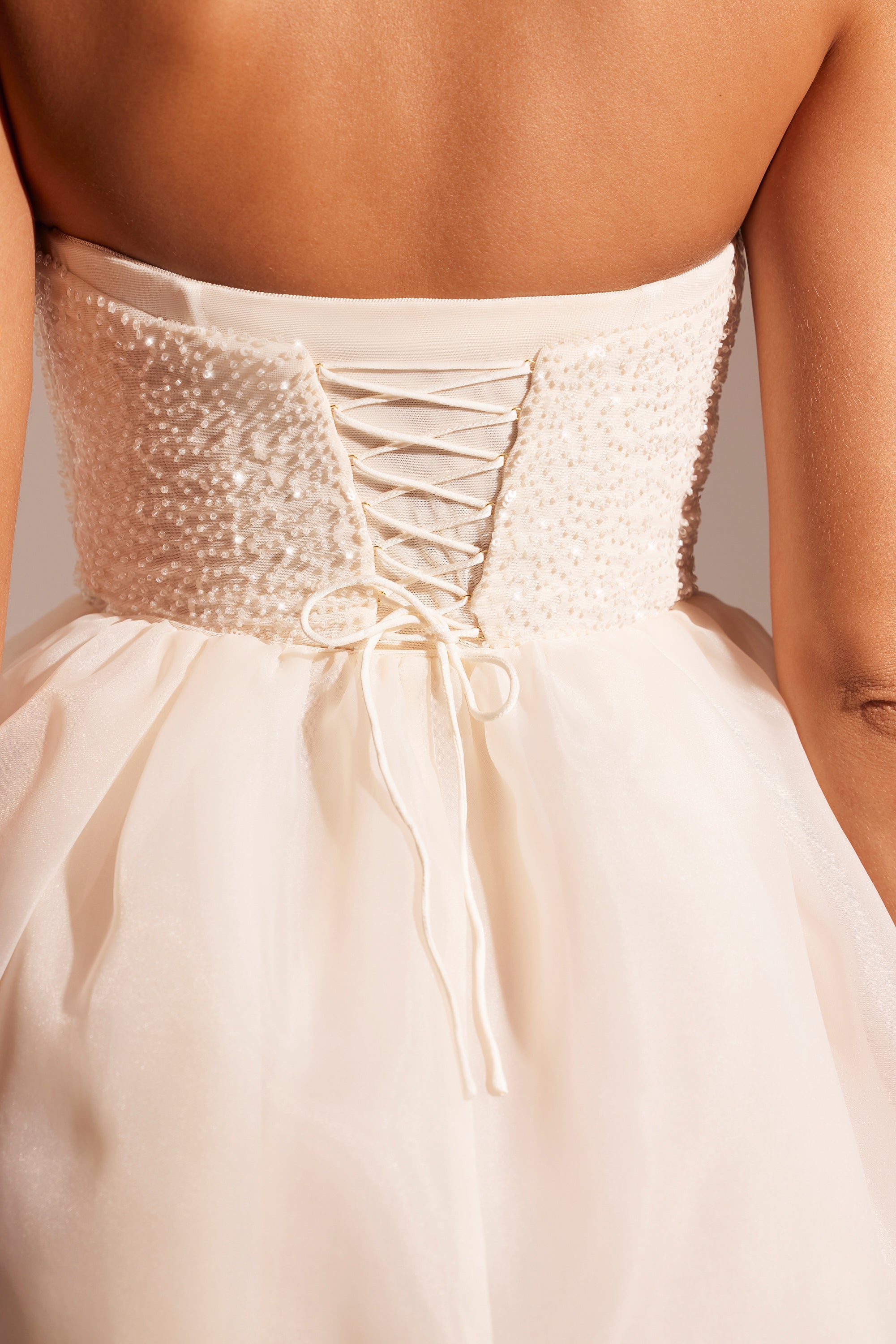 Embellished Corset Tulle Skirt Midi Dress in Ivory