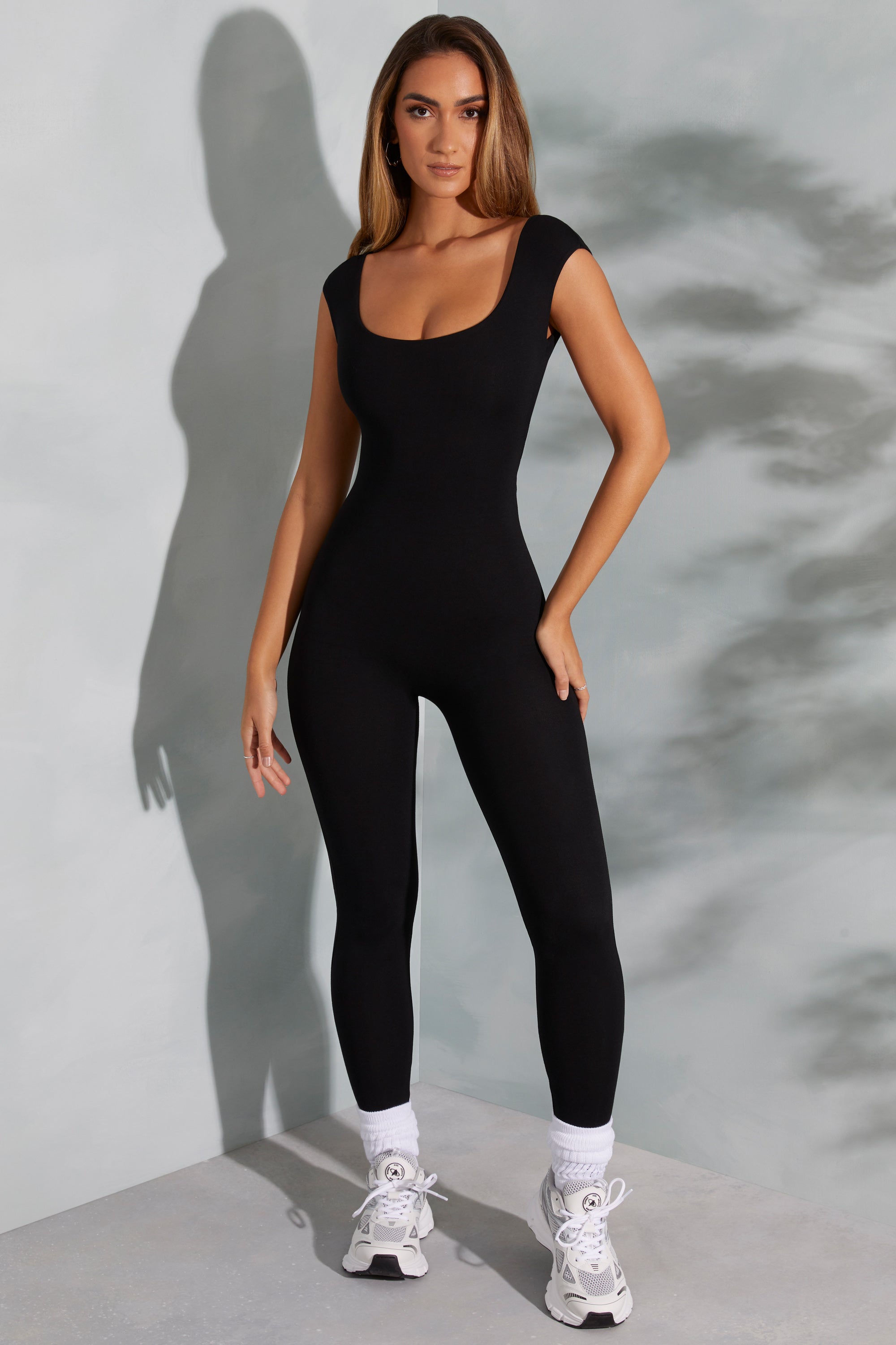 Petite Open Back Scoop Neck Jumpsuit in Black