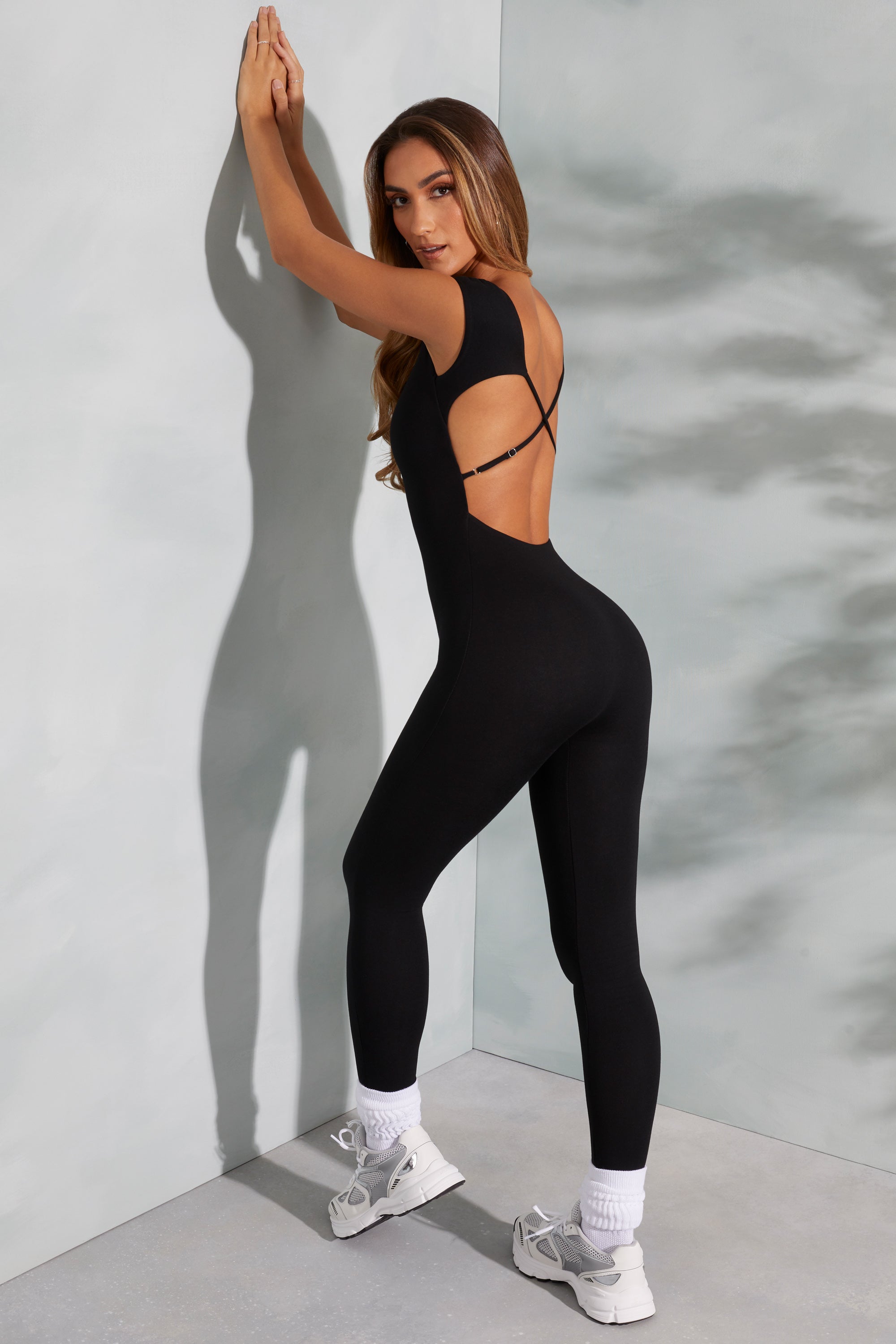 Petite Open Back Scoop Neck Jumpsuit in Black