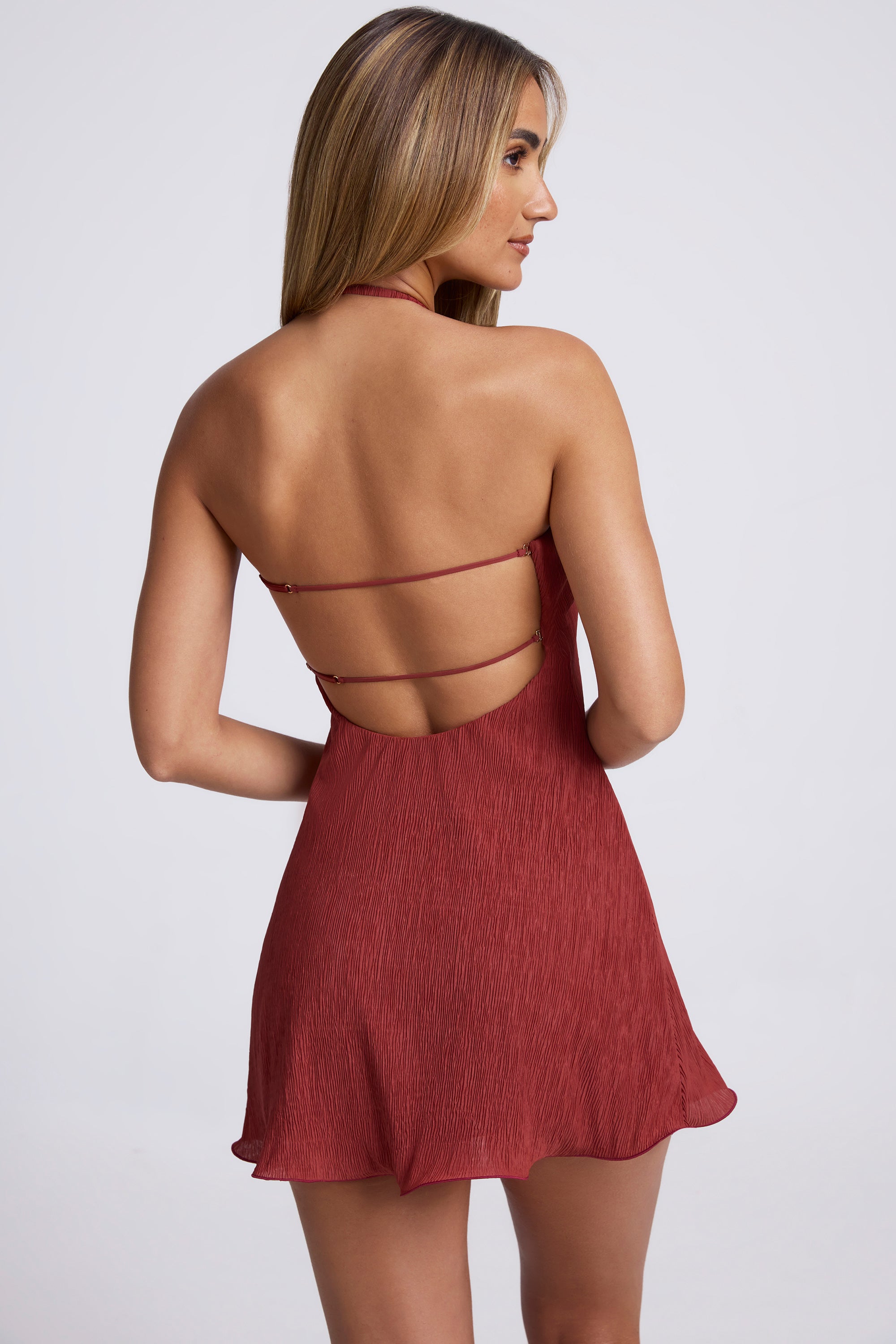 Hardware Detail Open-Back Halterneck Micro Mini Dress in Auburn Brown