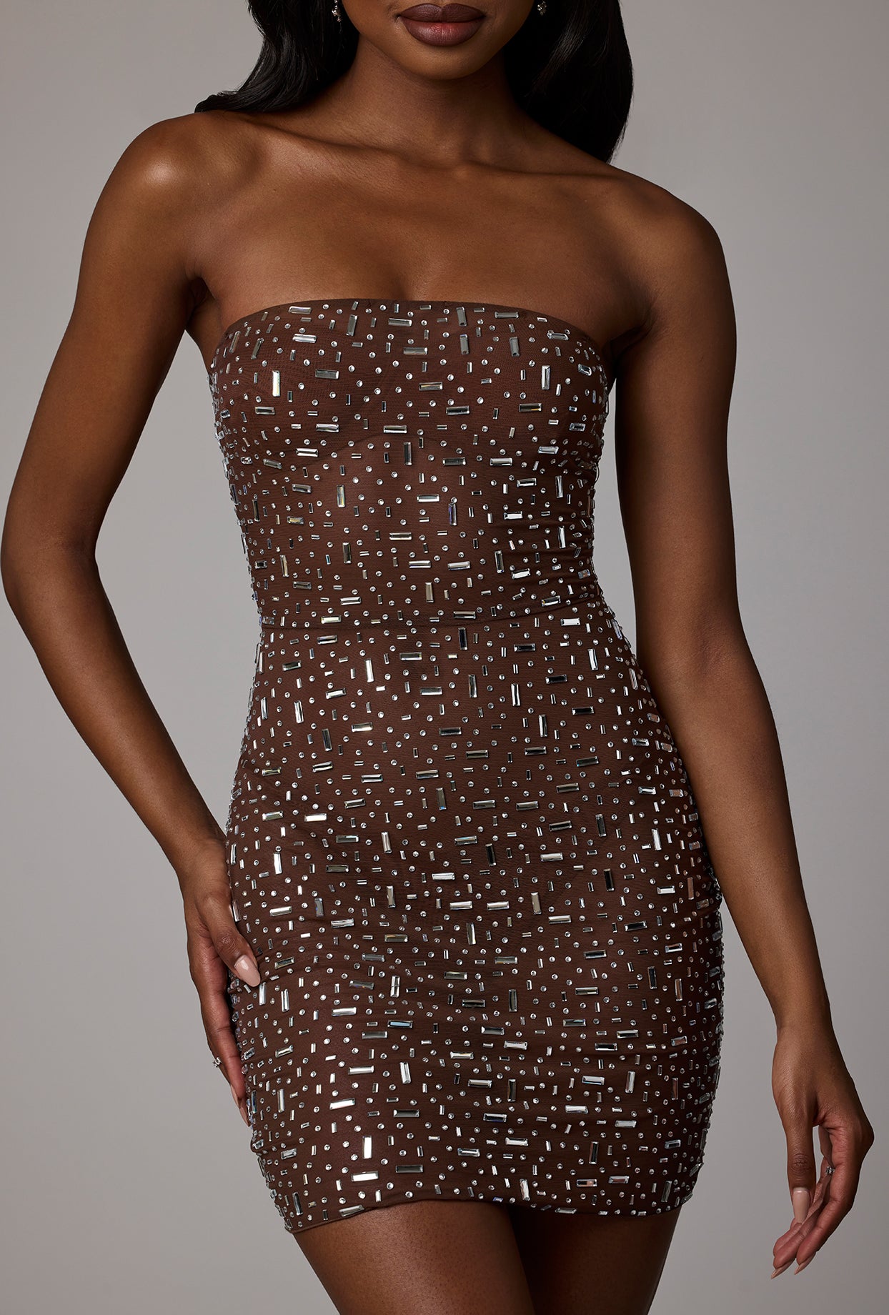 Sheer Embellished Bodycon Mini Dress in Deep Cocoa