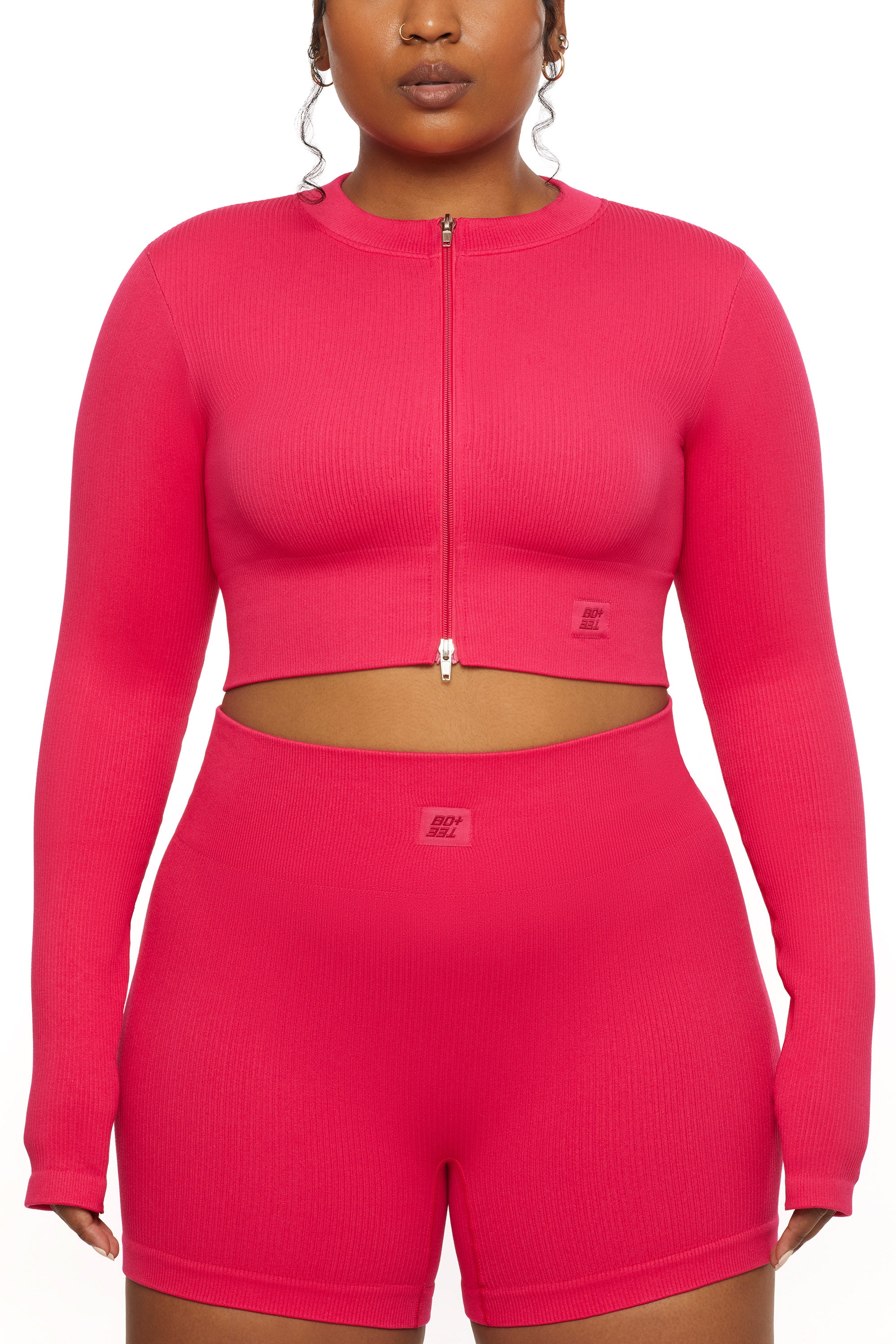 Long Sleeve Zip Crop Top in Hot Pink