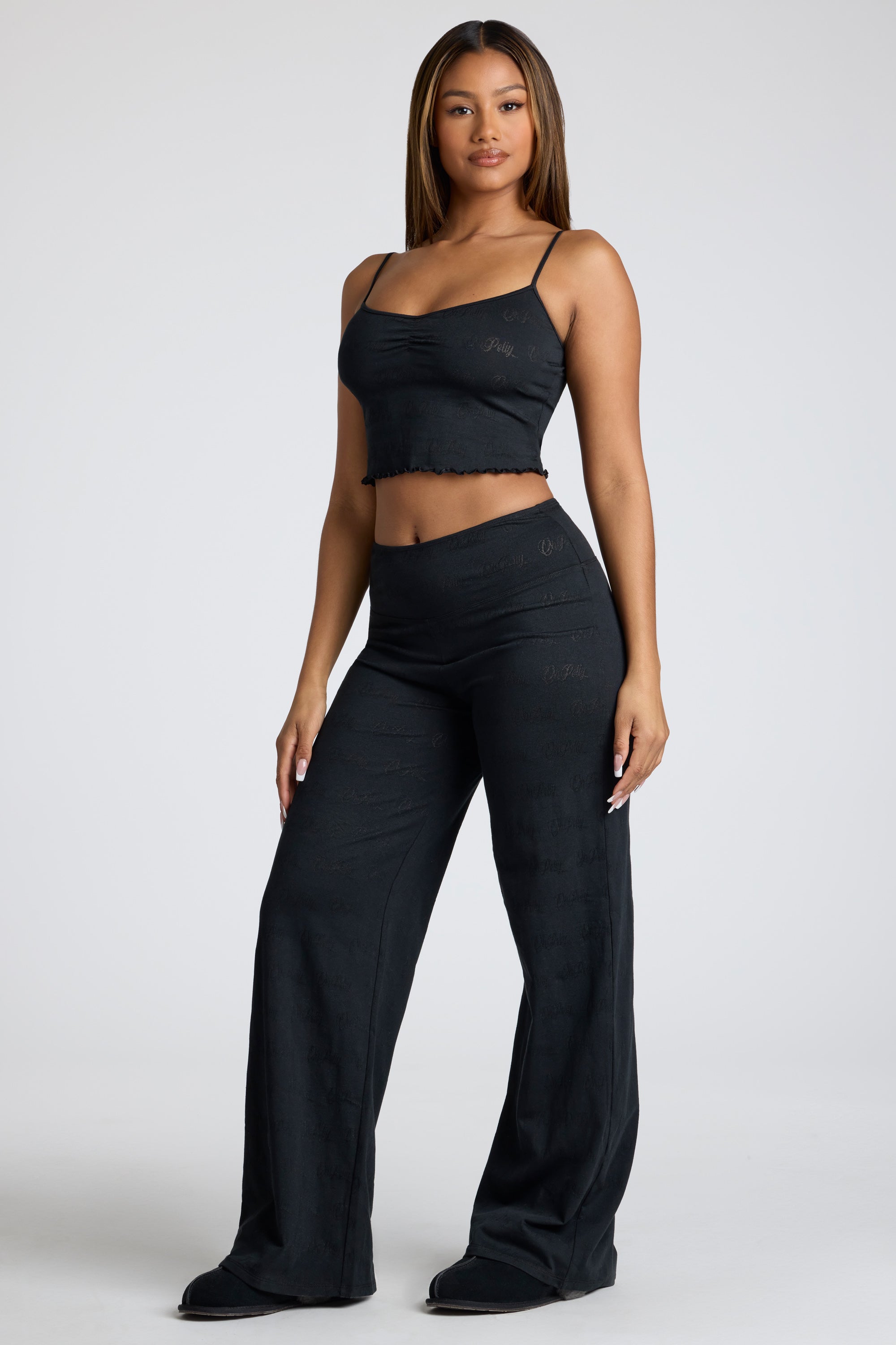 Tall Mid Rise Straight Leg Pointelle Trousers in Black