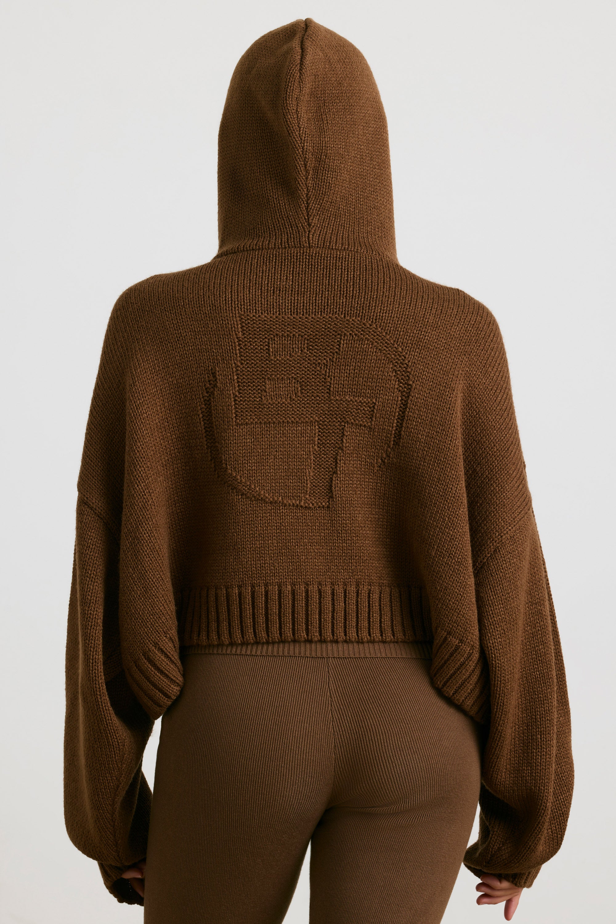 Cropped Zip Up Chunky Knit Hoodie in Espresso