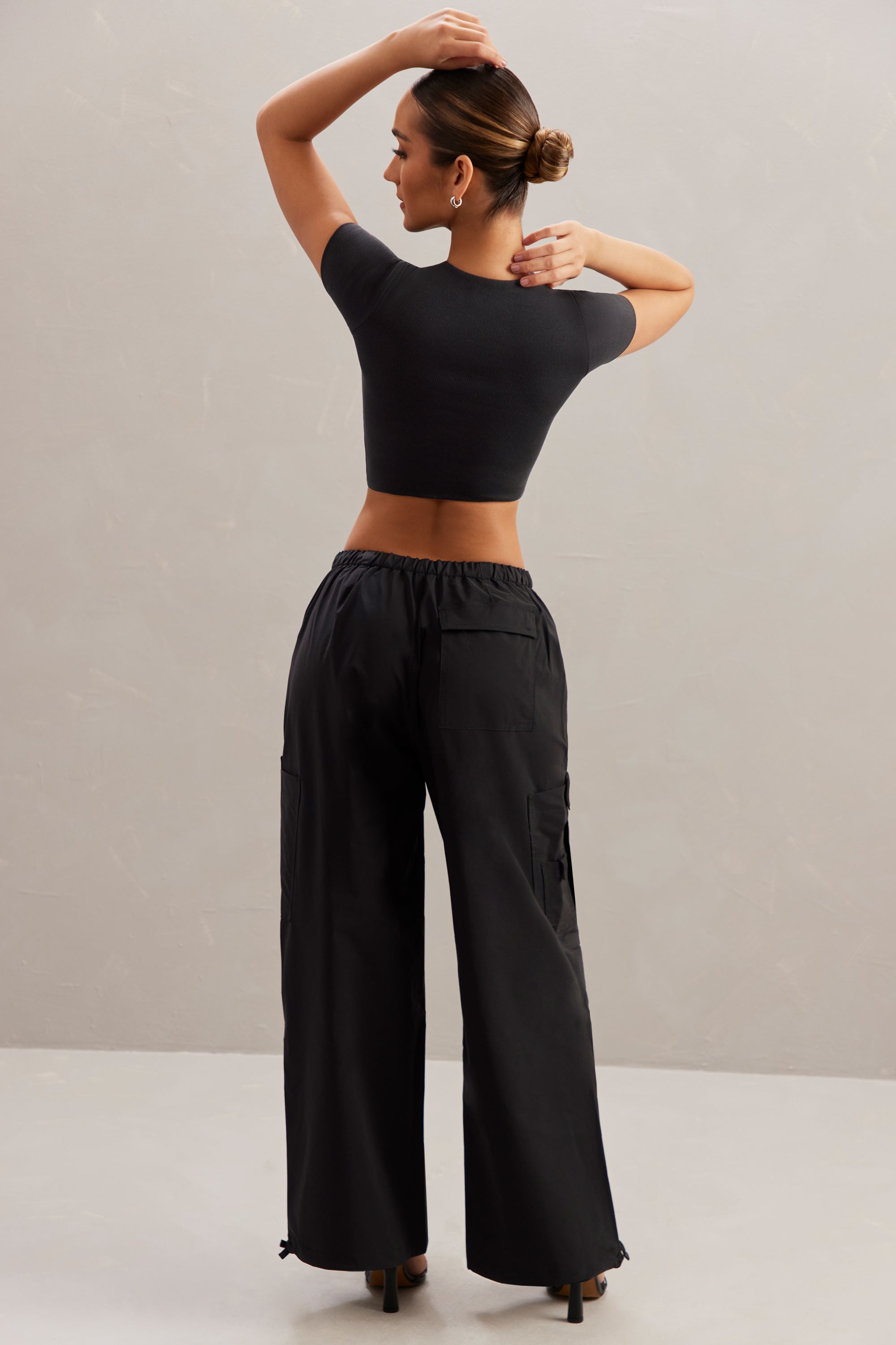 Wide Leg Cargo Trousers in Black