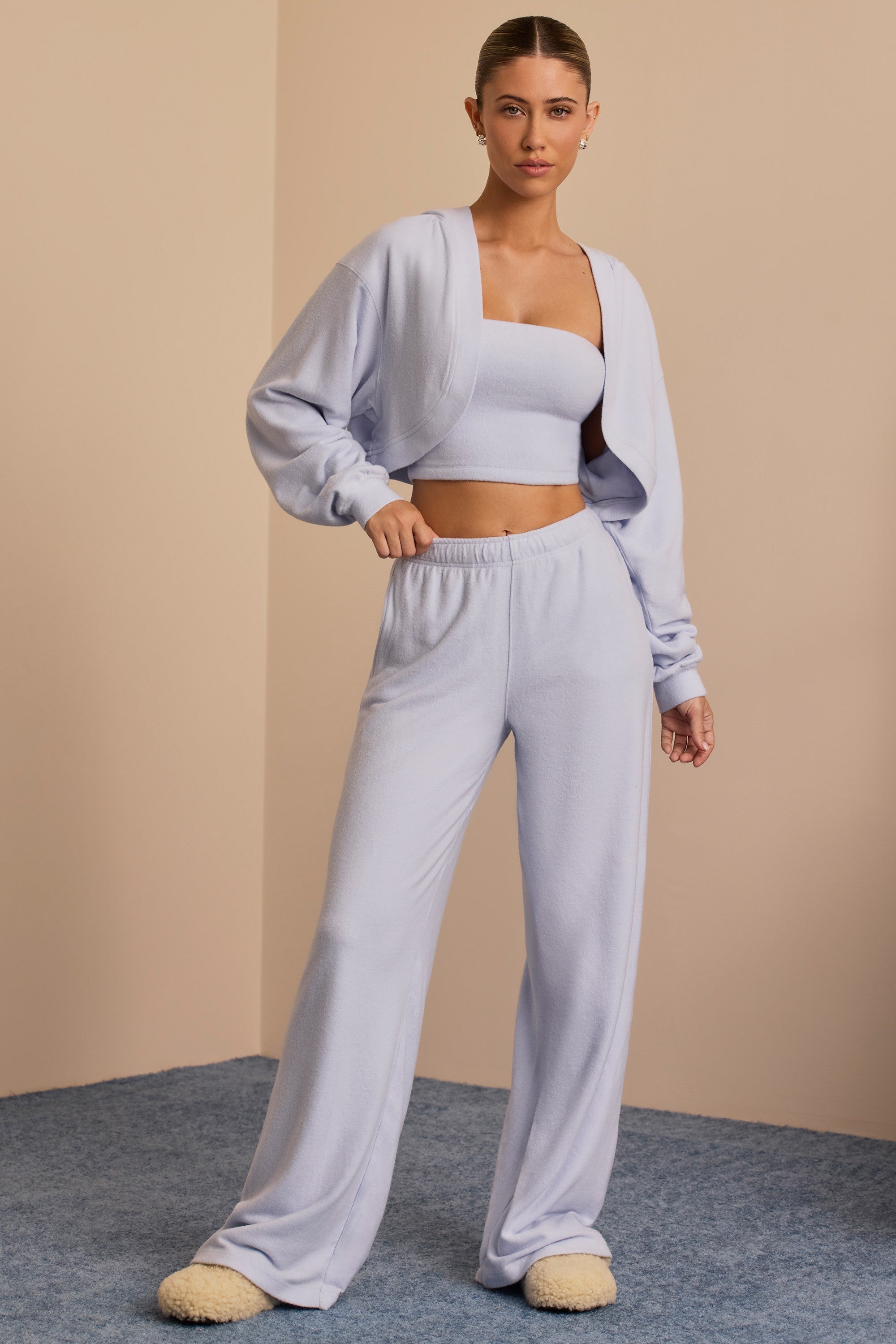 Brushed Jersey Hooded Cropped Shrug in Soft Blue