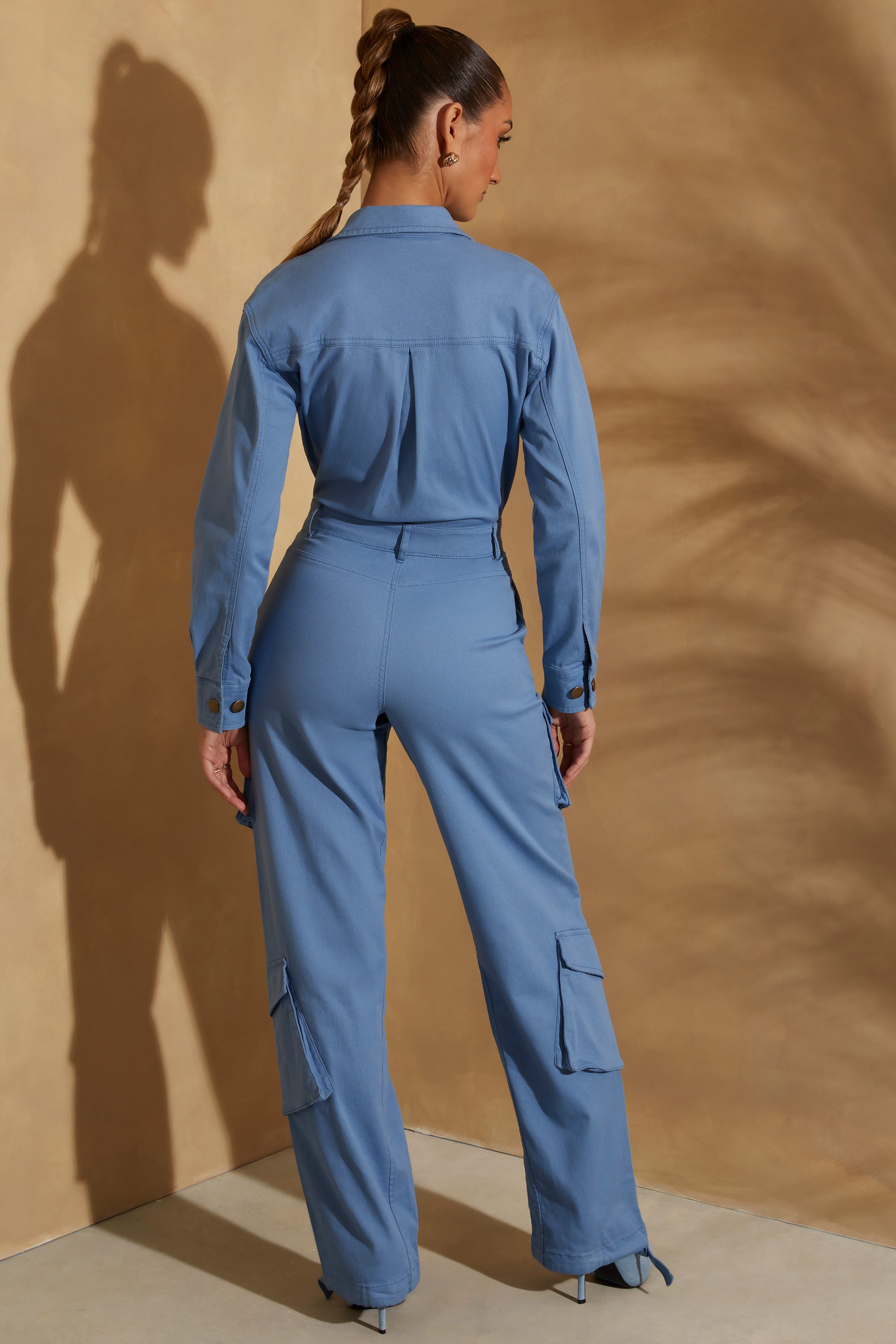 Petite Wide Leg Long Sleeve Cargo Jumpsuit in Dark Blue