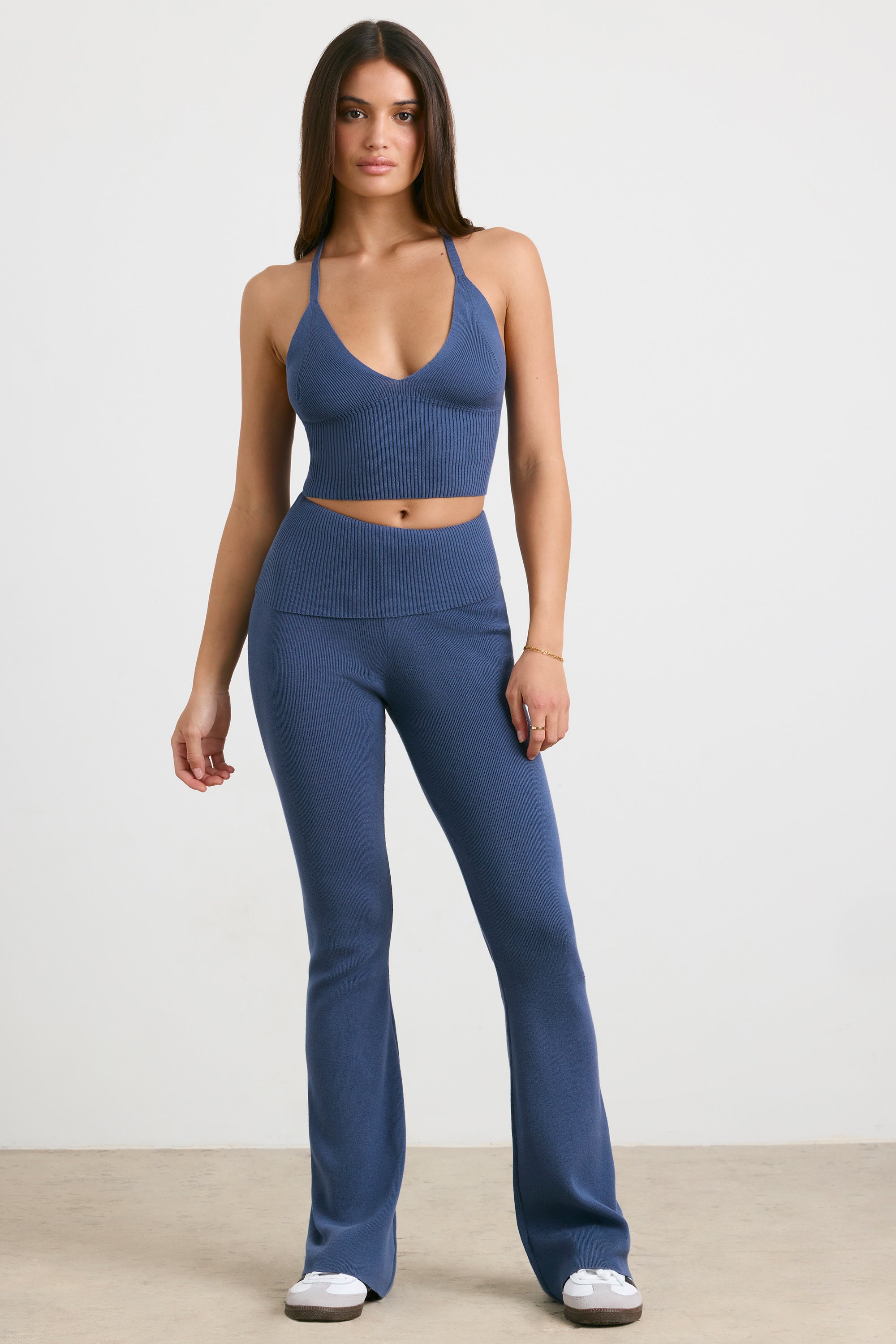 Petite Chunky Knit Kick Flare Trousers in Washed Navy