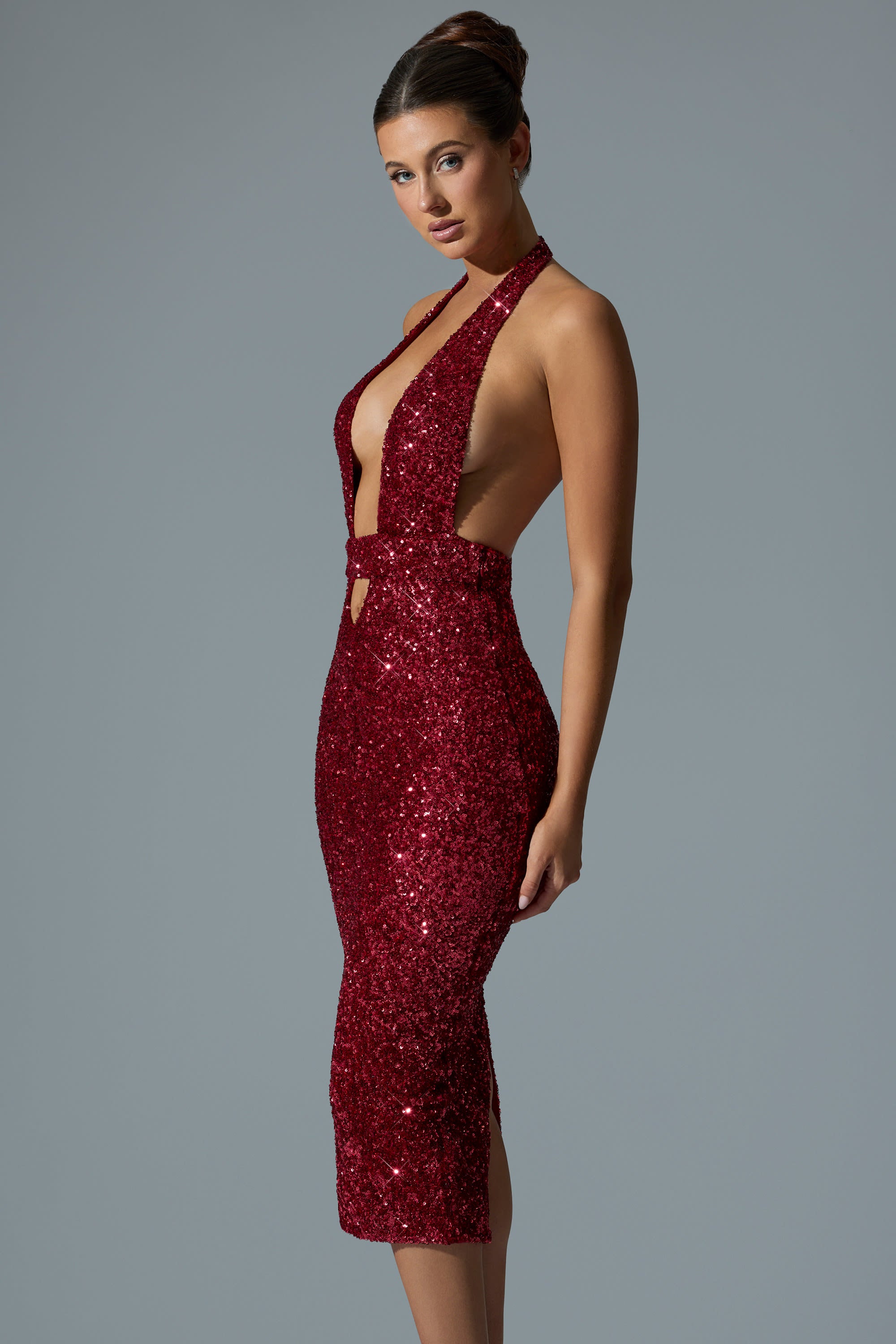 Embellished Cut-Out Open-Back Midaxi Dress in Red