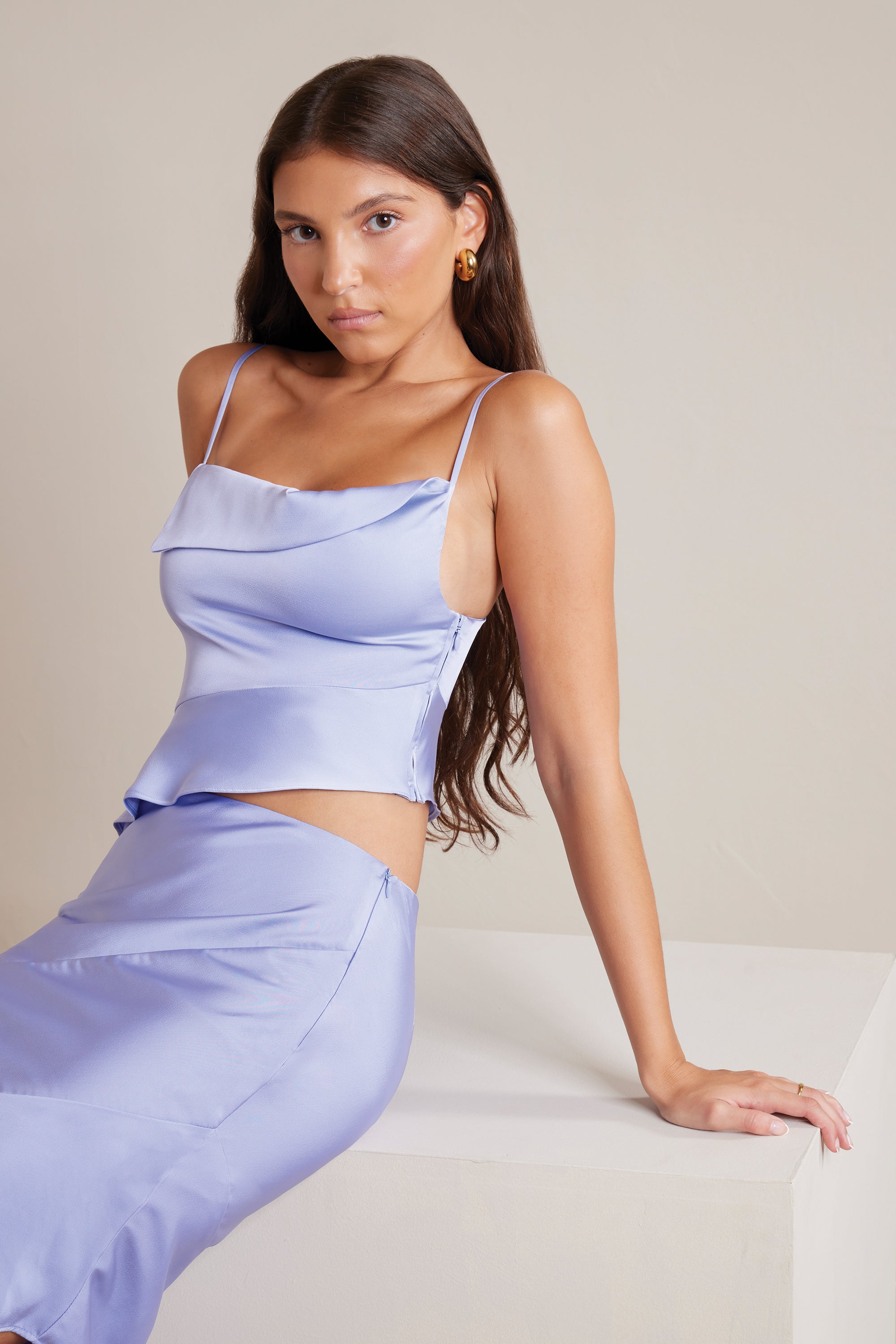 Bias Cut Satin Cowl Neck Crop Top in Periwinkle